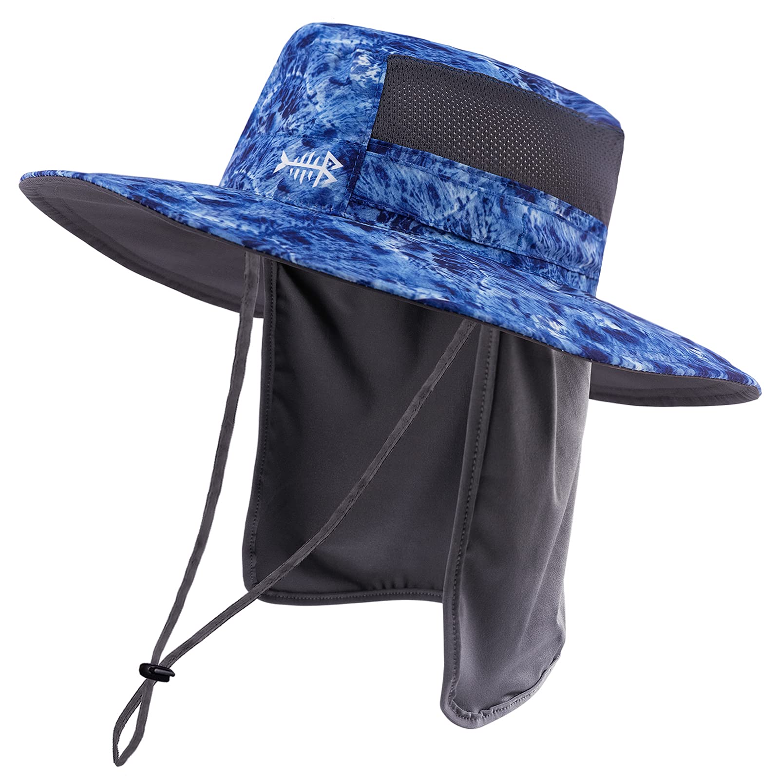 BASSDASH UPF 50+ Sun Fishing Hat Water Resistant with Detachable Neck Flap, Blue-camo, One size