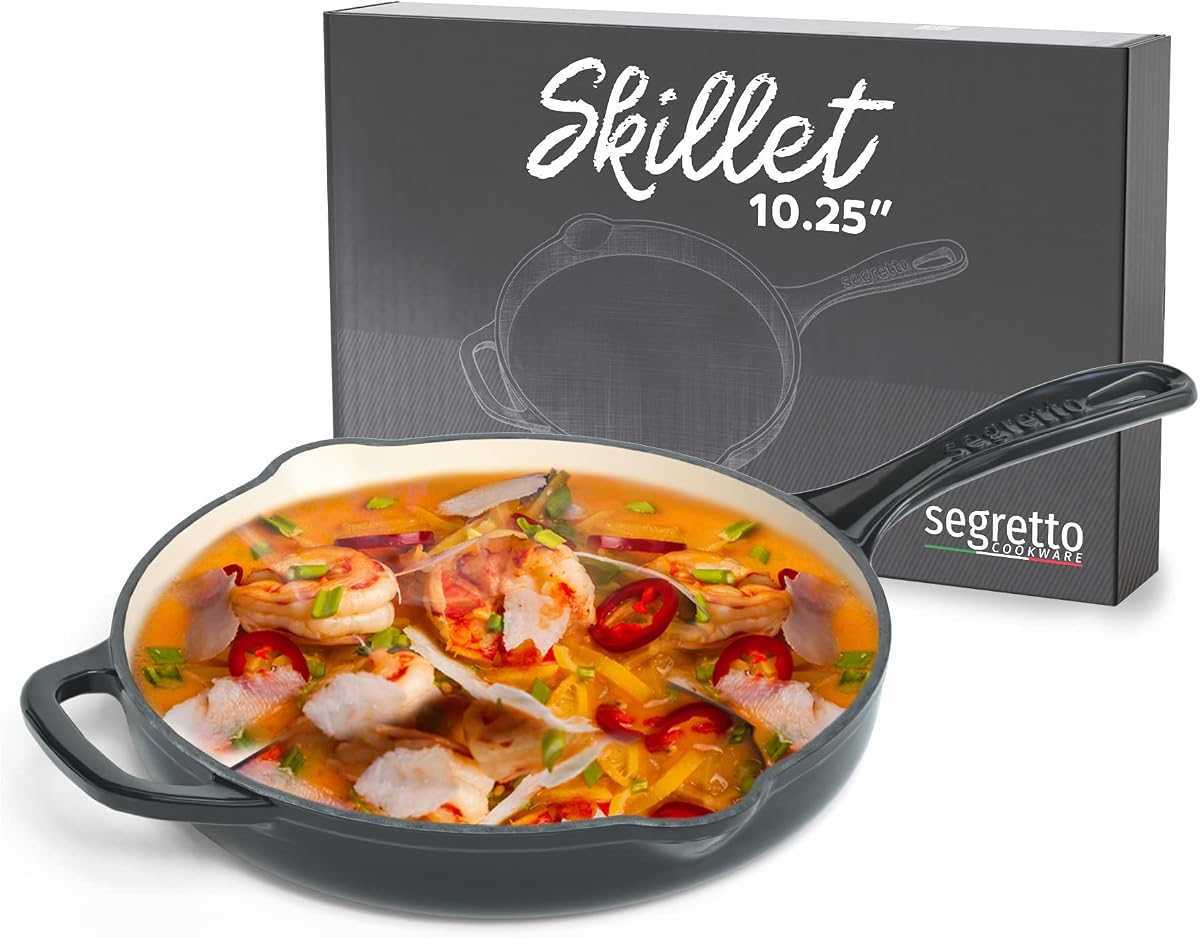 Segretto Cookware Enameled Cast Iron Skillet, 10.25-IN Nero (Black) Enamel Skillet Pan, No Seasoning Required and Non Toxic Frying Pans for Cooking