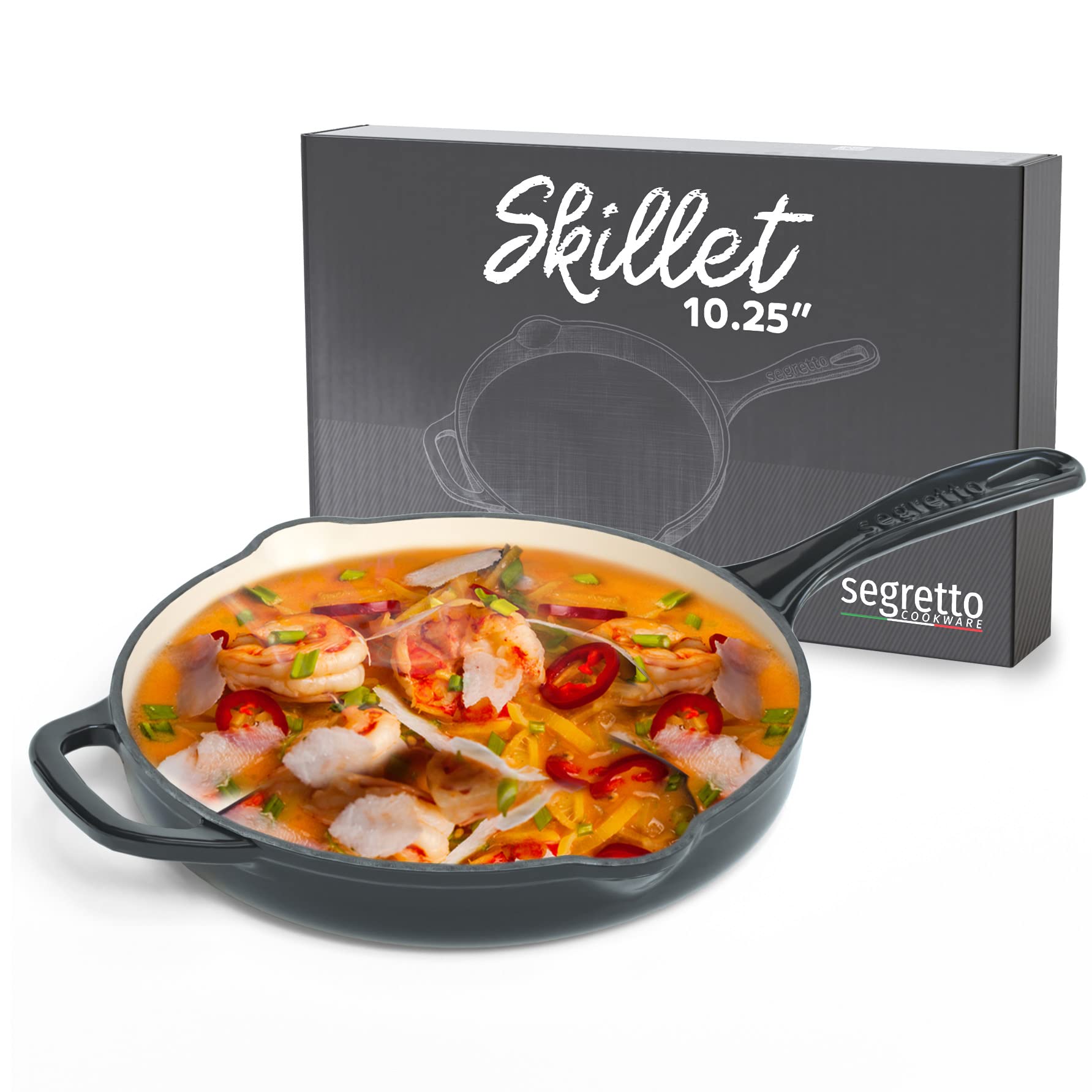 Segretto Cookware Enameled Cast Iron Skillet, 10.25-IN Nero (Black)