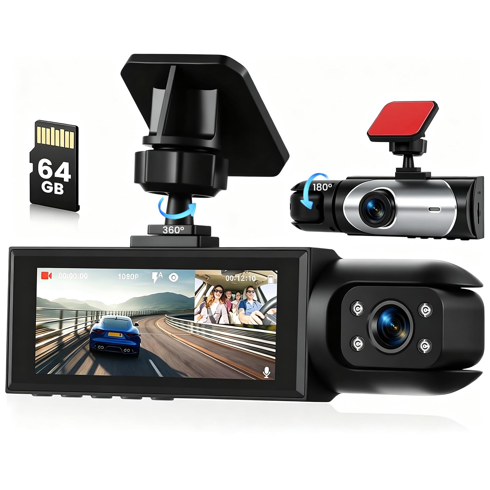 Inefala Dash CAM Coche con Tarjeta SD de 64GB, Camara para Coche con 2 Camaras 1080P Frontal Interior, Cámara para Coche con Sensor-G Visión Nocturna Asistencia de Respaldo Detección de Movimiento
