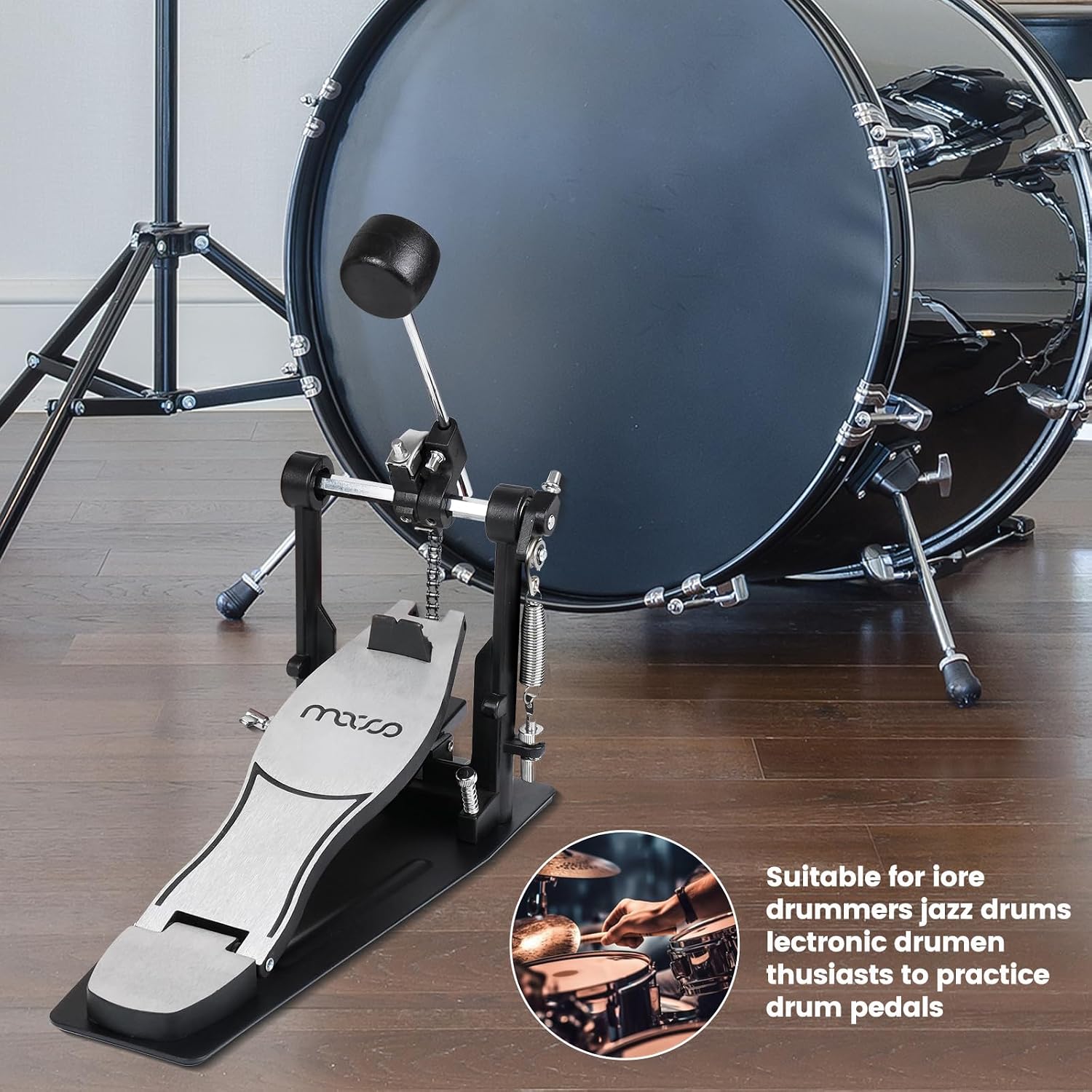 Bass Drum Pedal,Bass Drum Pedal Come with Classic Felt Beater Stick for Drum Set Instrument,Cam Chain Bass Drum Pedal for Beginner & Professional Drummers
