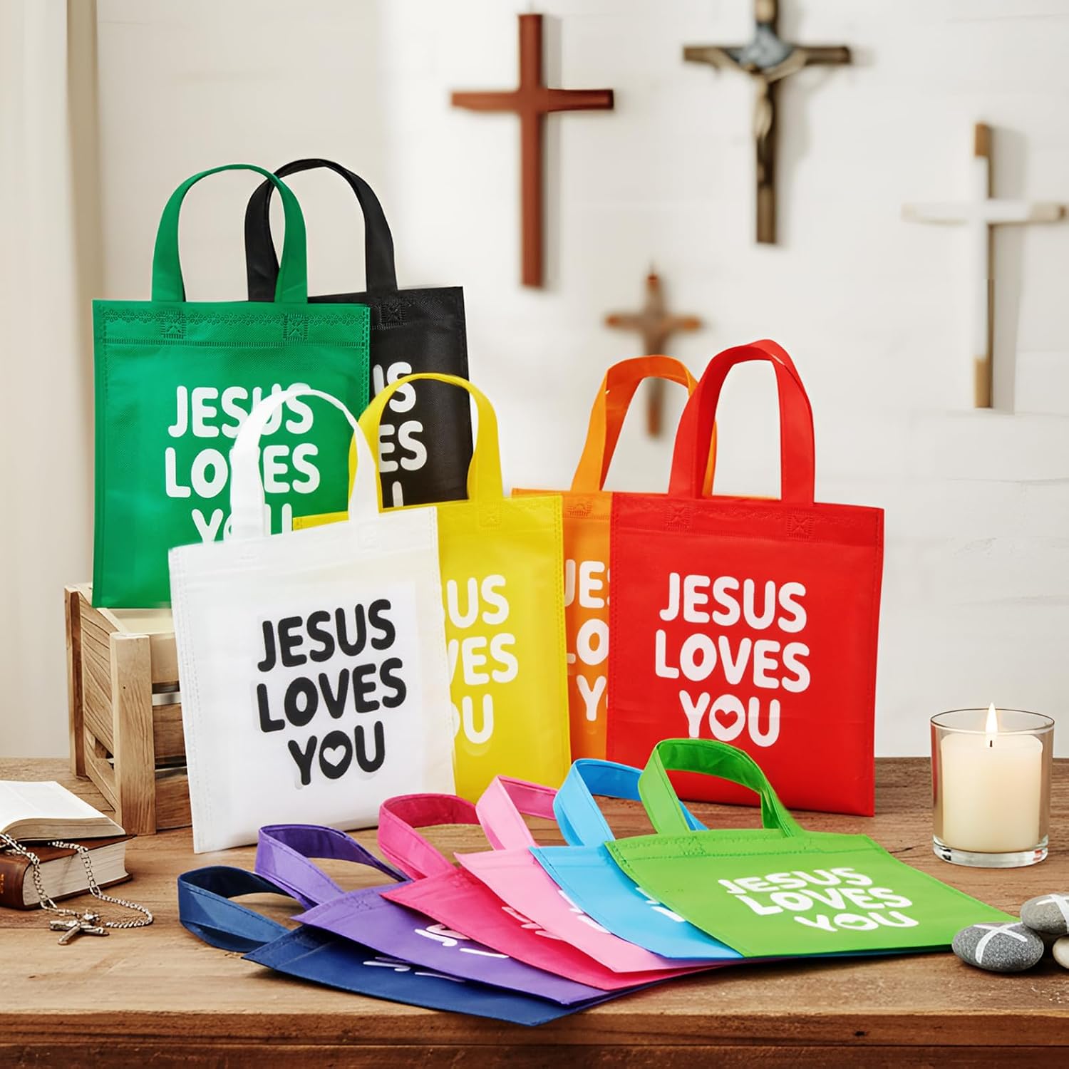 Amylove 24 Pcs Jesus Loves You Gift Bags Bulk Reusable Christian Religious Gift Bag with Handles Non Woven 9.84 x 11.81 Inch Candy Treat Tote for Easter VBS Church Sunday School Jesus Birthday - Image 6