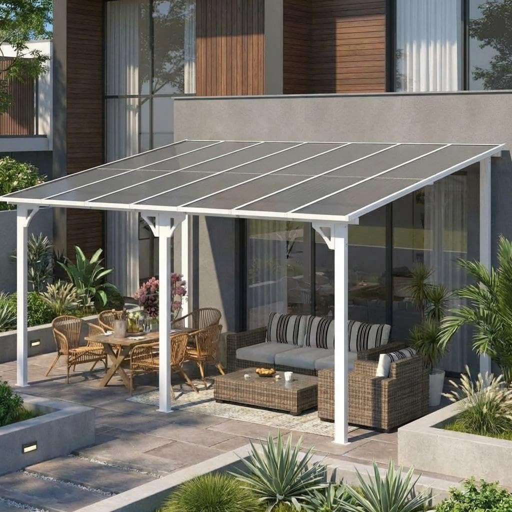 Photo 1 of 10'X10' Hardtop Wall Mounted Gazebo with Gutters & Galvanized Steel Roof, 60MPH Wind Resistance, Lean to Gazebo Pergola with Sloped Roof for Deck, Porch, Backyard and More, White