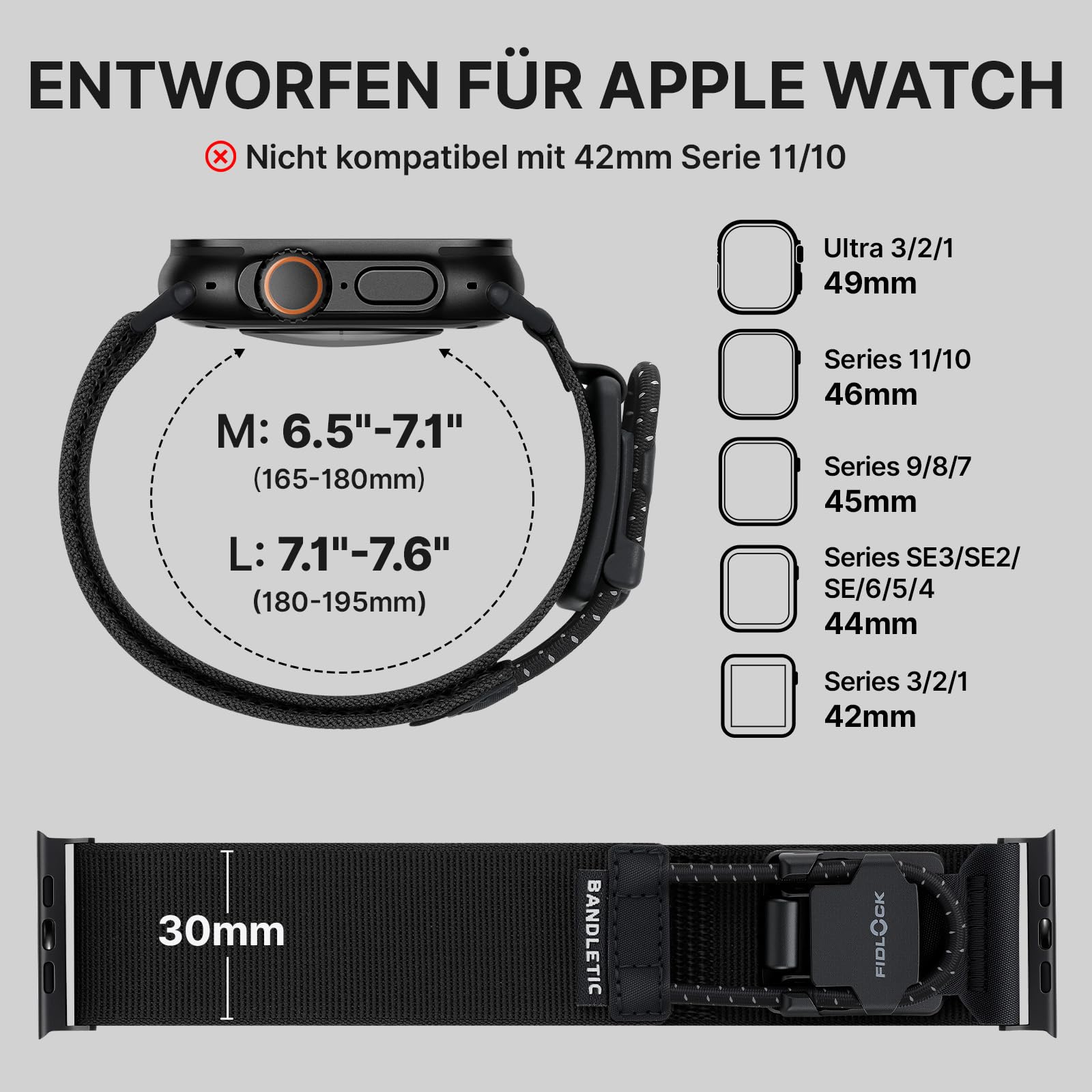 Bandletic Nylonarmband Kompatibel mit Apple Watch Ultra 3/2/1 Armband