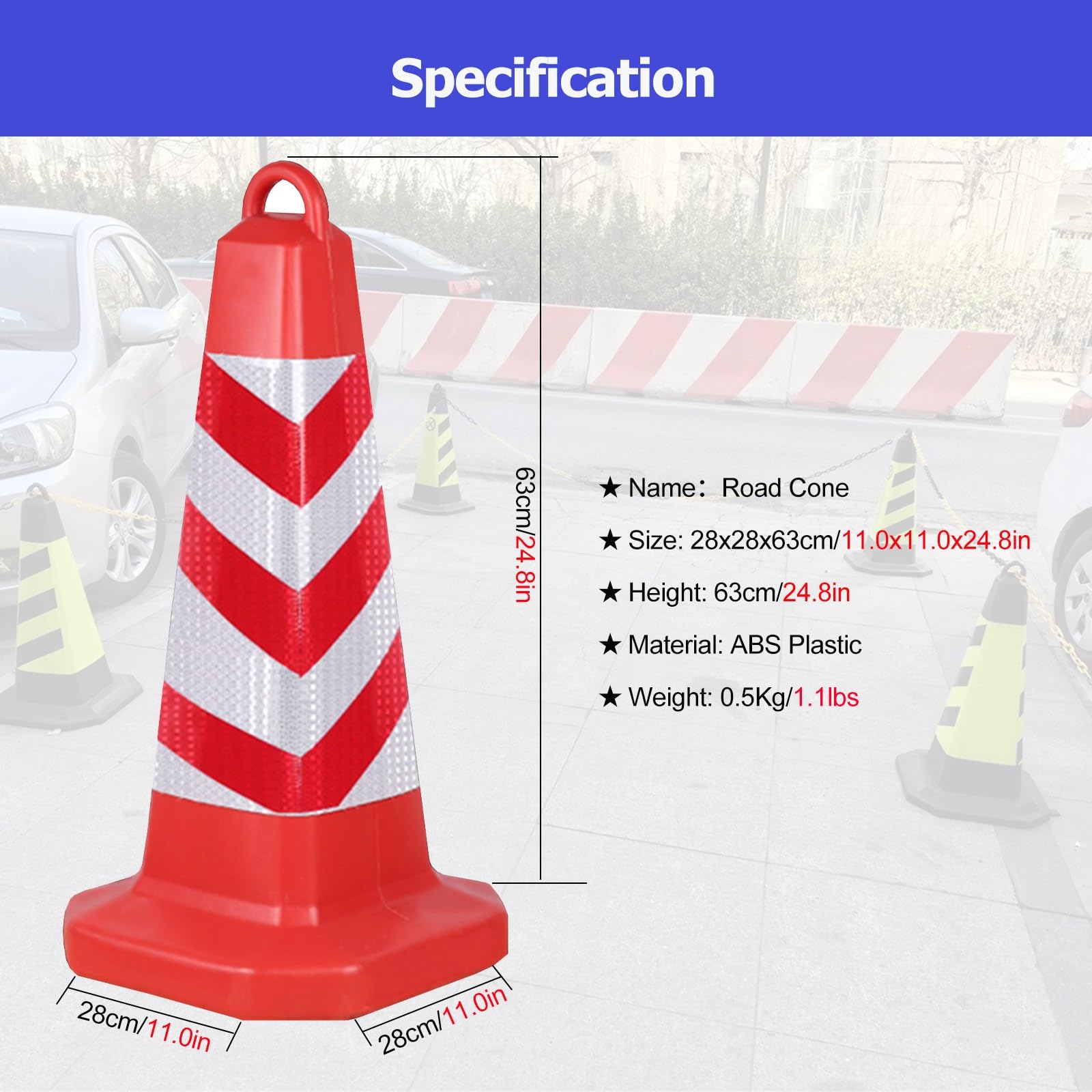 Poteau de stationnement, cônes de sécurité ABS de 63 cm avec poignée et 2 Tubes de Sable, cônes de signalisation légers avec Film réfléchissant pour la sécurité routière, Les Chantiers et Le
