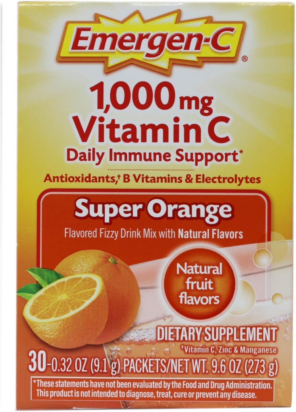 Emergen-C Vitamin C Flavored Fizzy Drink Mix Packets, Super Orange 30 ea