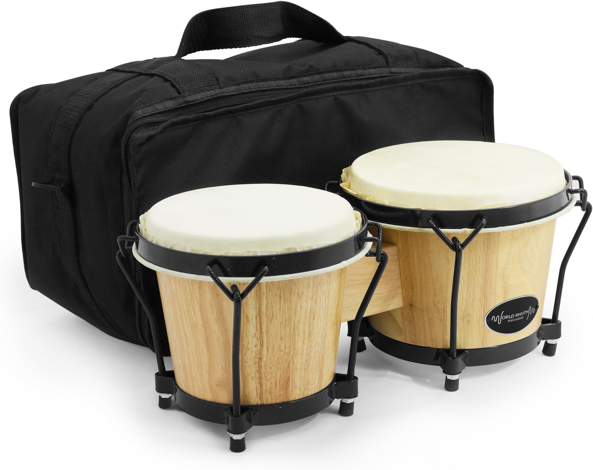World Rhythm BON7 Bongos 6” & 7” Beginners Oak Bongo Drums - Natural Finish Bongos with Padded Gig Bag