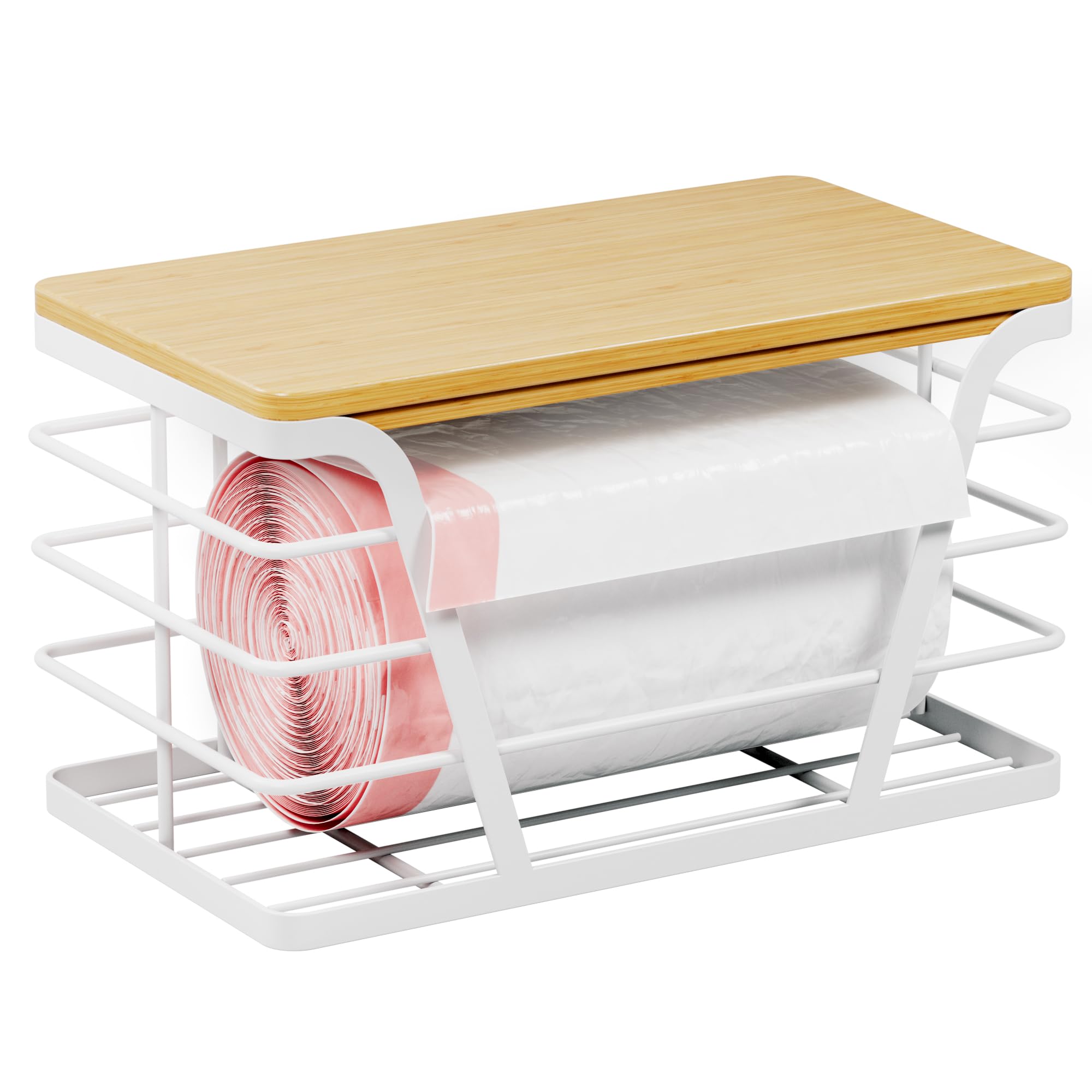 TIDIIABODE Small Grocery Bag Holder, Trash Bag Dispenser with Removable Bamboo Top, No Drill,White