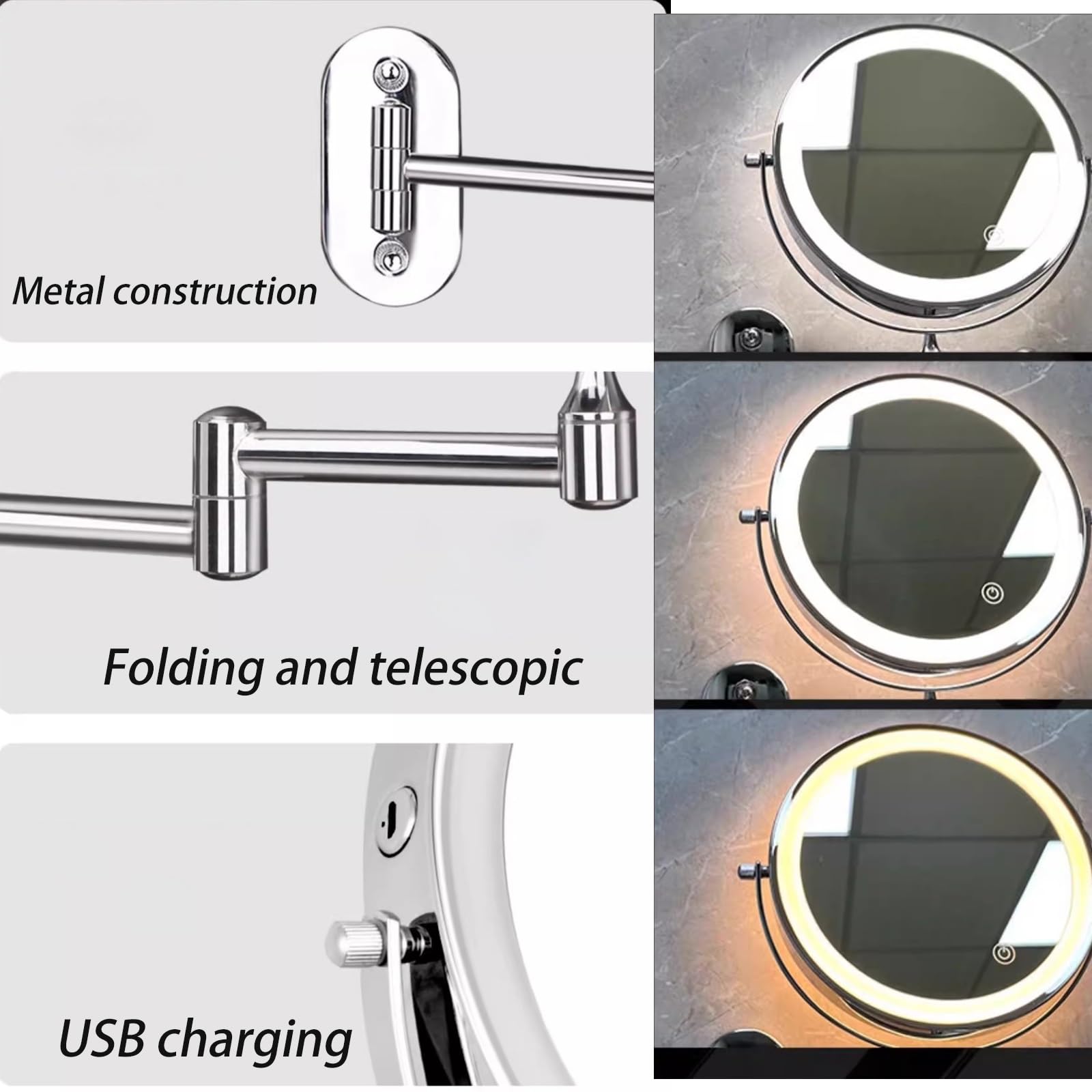 Specchio Da Trucco Illuminato Da Parete Ricaricabile, Doppio Lato Da Specchio Bagno Con Iingrandimento 1x / 3x, Illuminazione A 3 Colori, Regolazione Touch Screen, Braccio Esteso(Noir)
