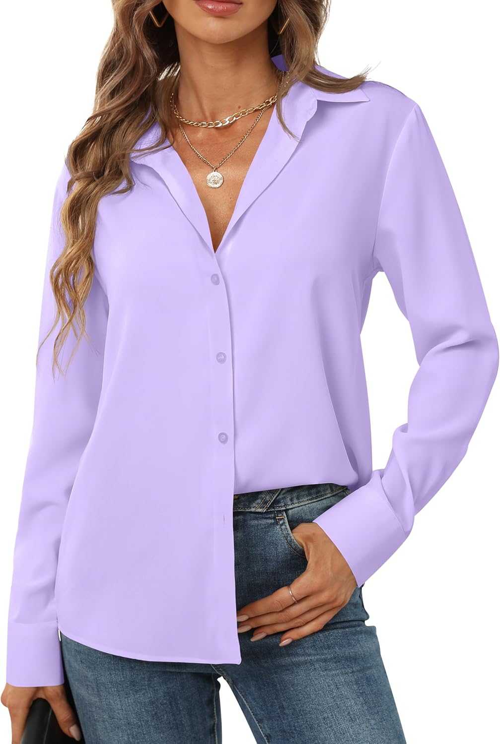 Women's Button Down Shirts Long Sleeve Basic Classic Soft Shirt Collared Fashion Dressy Casual Blouses - Image 3