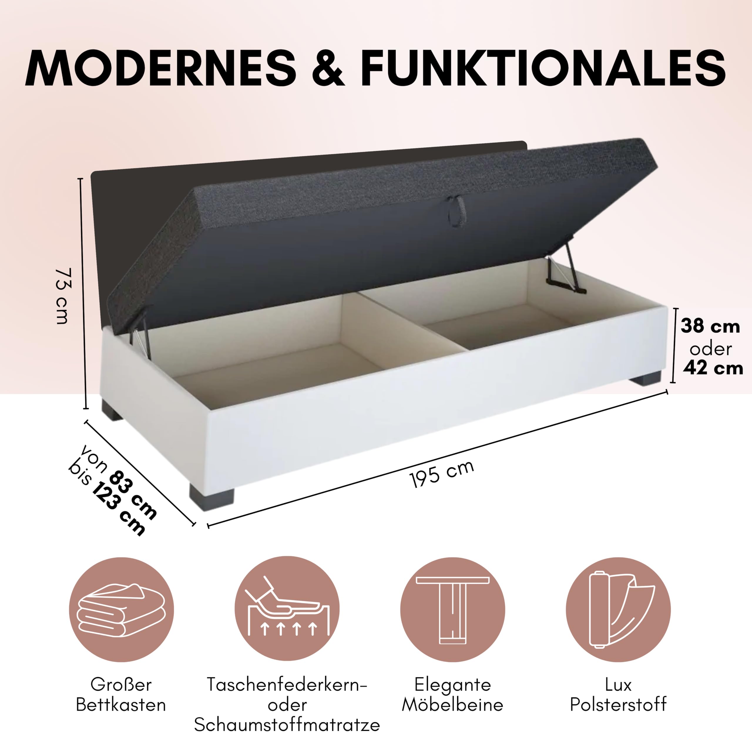 Boxspringbett Olaf mit Seite 93x195x42 cm mit Taschenfederkern Matratze, Bett mit Matratze, Polsterbett mit Bettkasten, Gepolstertes Einzel Bett, Schlafsofa - Stahlgrau mit braunen