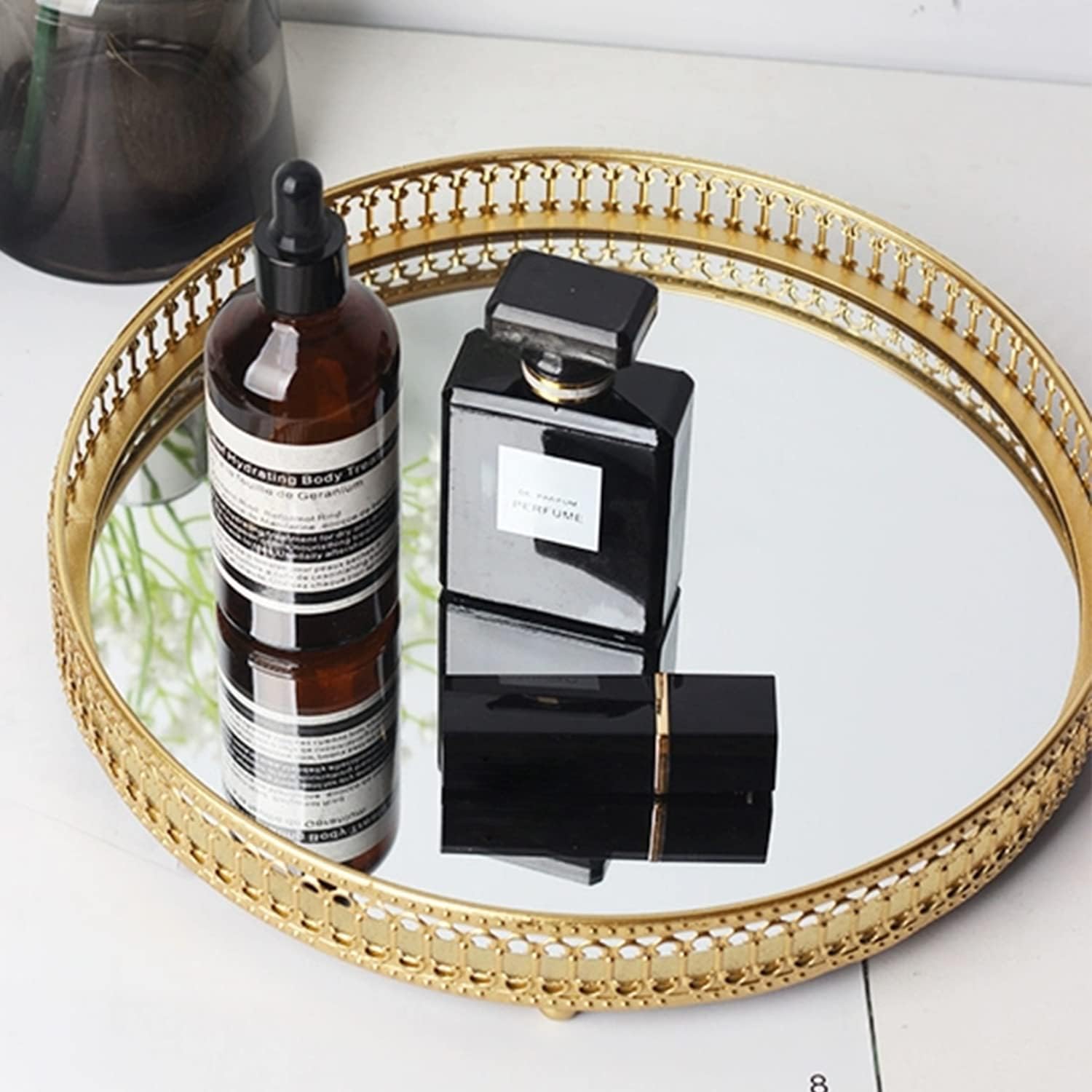 9.8×1.7in Round Decorative Mirror Tray American Style Makeup Organizer Jewelry Organizer Serving Tray with Decorative Geometric Shape Side for Whiskey Decanter, Vanity Set, Perfume Tray