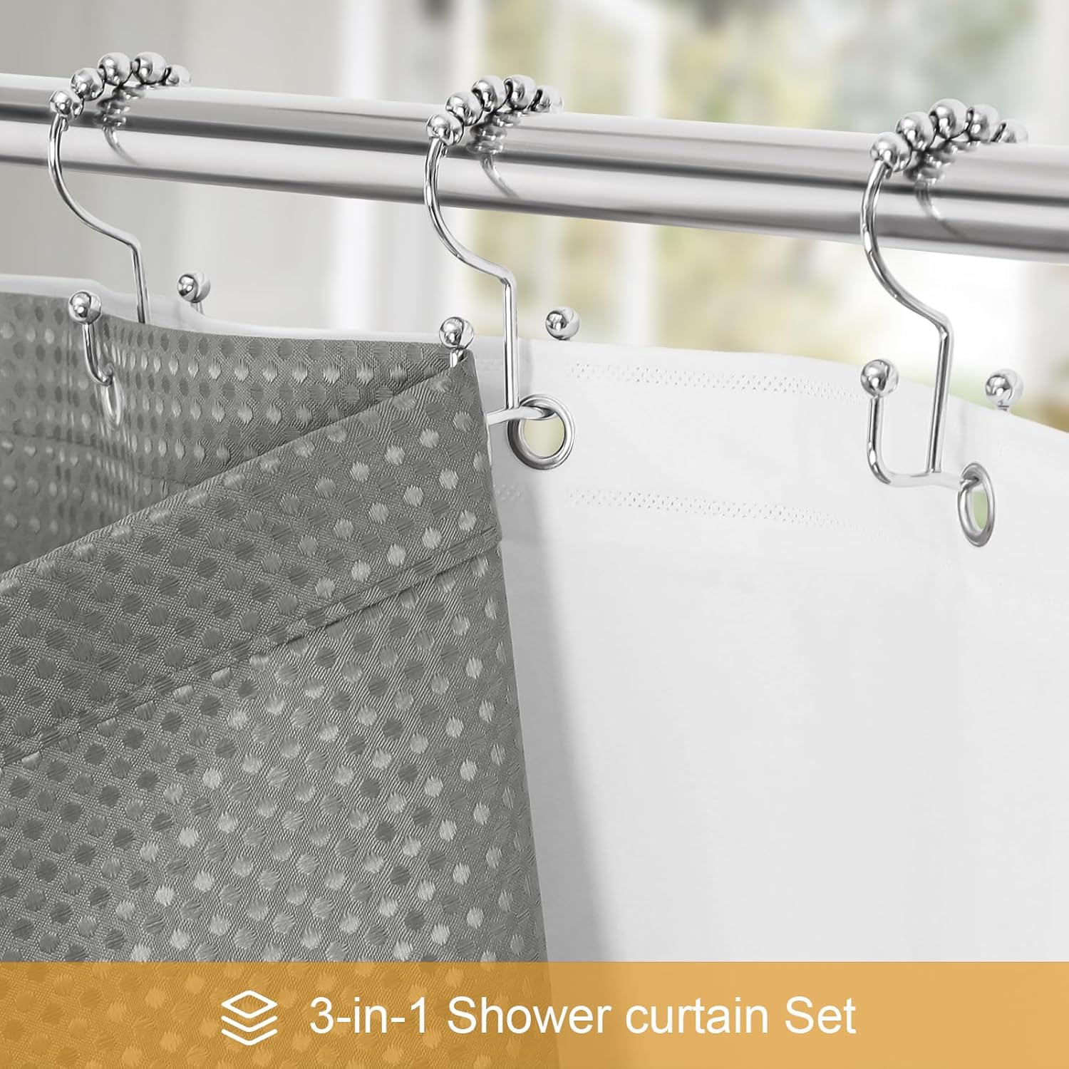 3 in 1 Shower Curtain Set, Grey Waffle Shower Curtain and PEVA Liner Set with 12 Stainless Steel Shower Curtain Hooks, Gray Waterproof Fabric Shower Curtains for Bathroom, 72 W x 72 H
