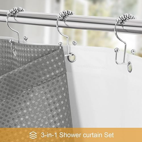 Miniatura 2 de Juego de cortina de ducha 3 en 1, cortina de ducha de gofre gris y forro de PEVA con 12 ganchos de cortina de ducha de acero inoxidable, cortinas de