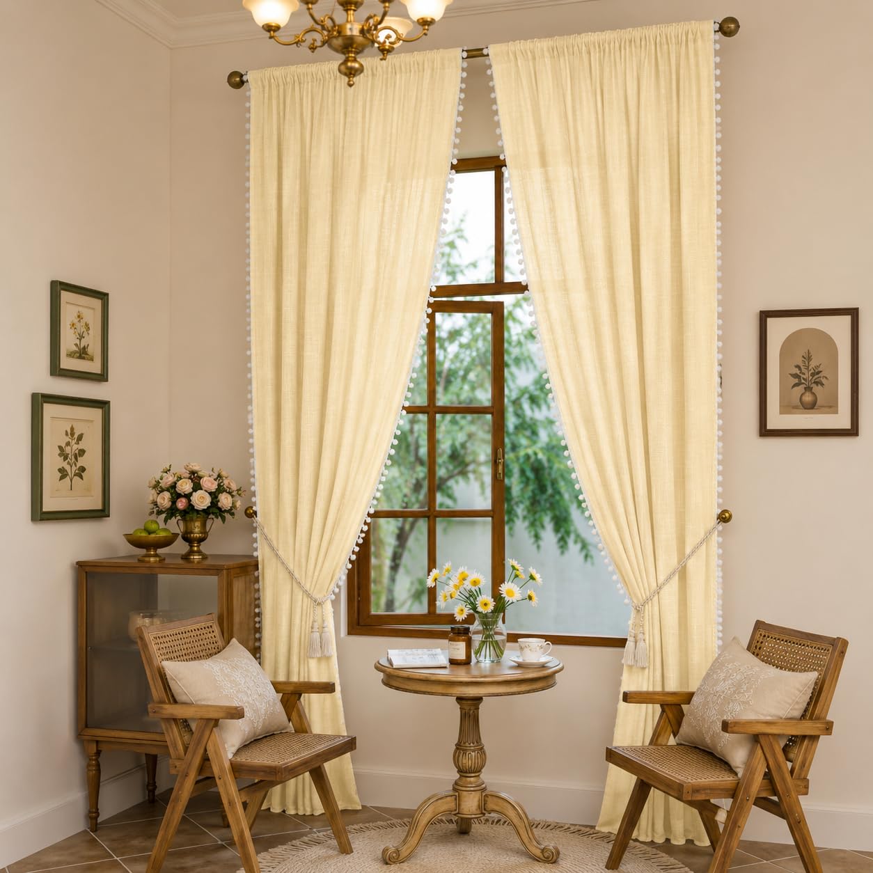 THE LINEN COMPANY Cotton Curtains Net Curtains with Pom Pom Lace Rod Pocket Sheer Curtains Light Filtering Window Curtains Living Room Curtains Butter Cream 10 Ft Pack of 2