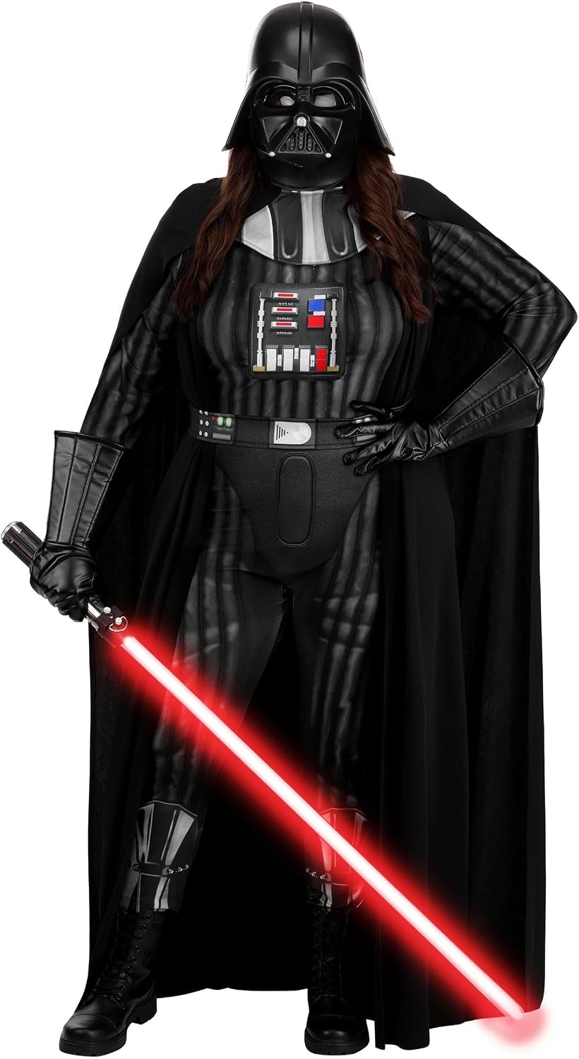 Womens Plus Size Darth Vader Costume Jumpsuit with Cape, Gloves, Mask, and Belt for Star Wars Halloween Cosplay Party