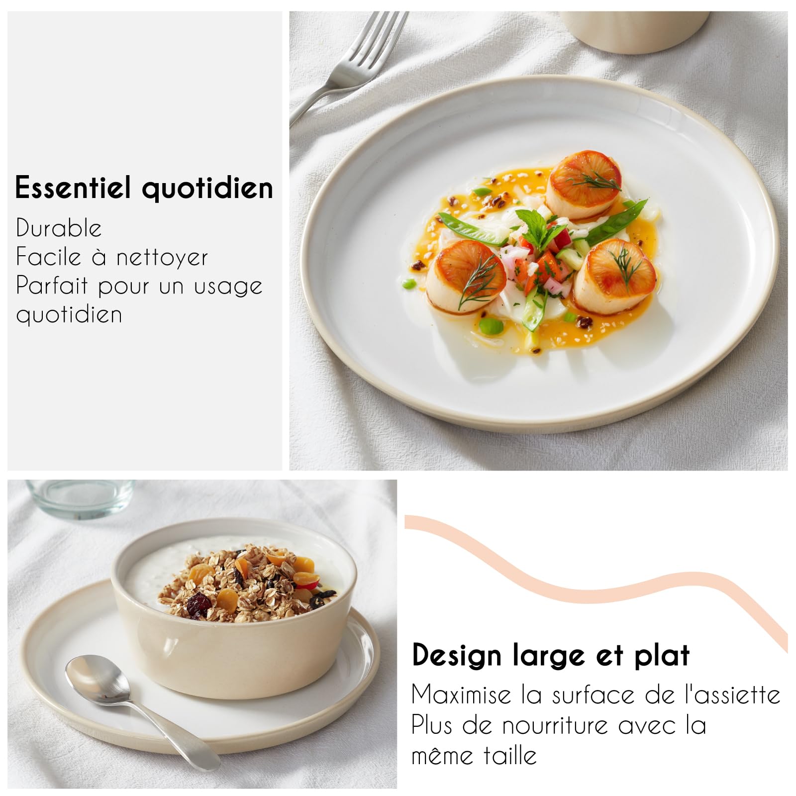 Service de Vaisselle 12 Pièces pour 4 Personnes | Ensemble Moderne en Porcelaine avec 4 Assiettes Plates, 4 Assiettes à Dessert et 4 Bols à Céréales | Design Rustique Style Ferme, Beige Clair