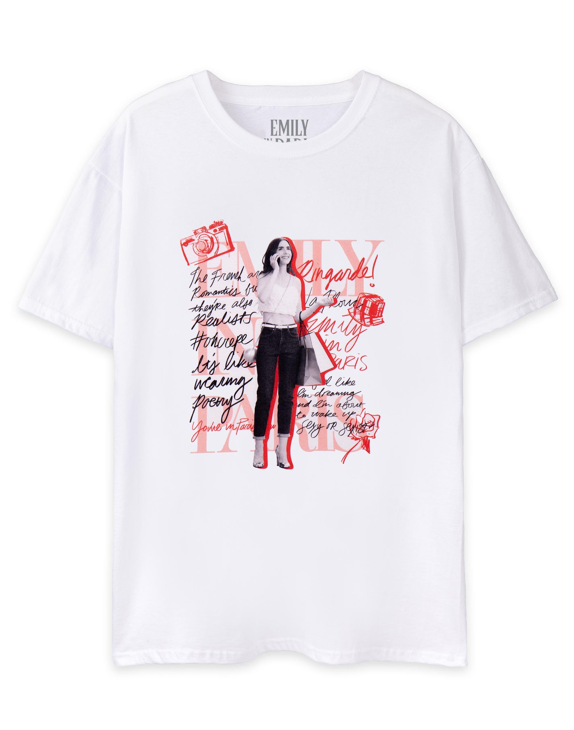 Emily In Paris Women's White T-Shirt In | Mono Typography Short-Sleeved Top For Adults | Short Sleeve Lightweight Oversized Graphic Tee | Romantic Netflix Series Merchandise Gift For
