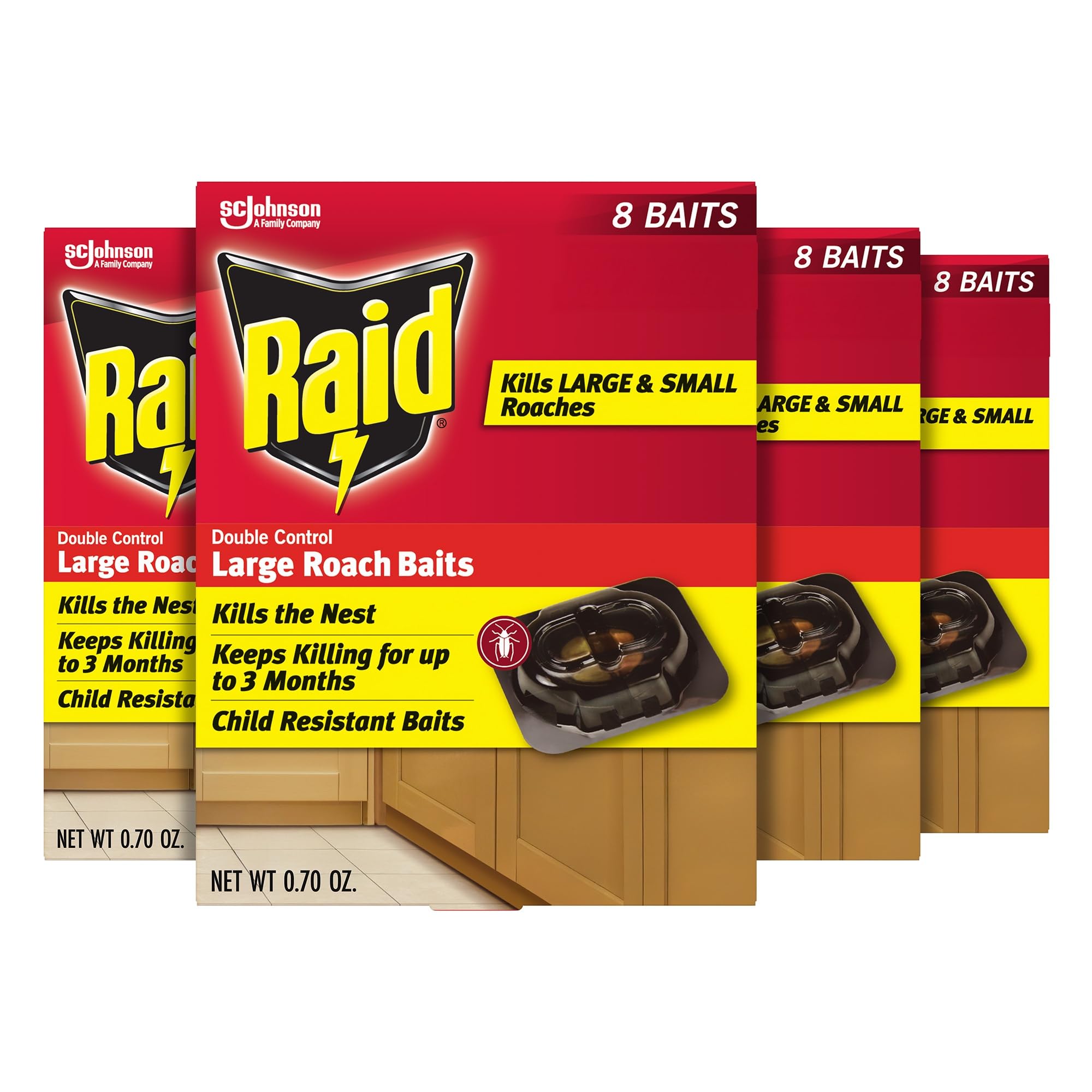 Raid Double Control Large Roach Baits for Indoor Roach Control Child Resistant Bait Stations 8 Count (Pack of 4)
