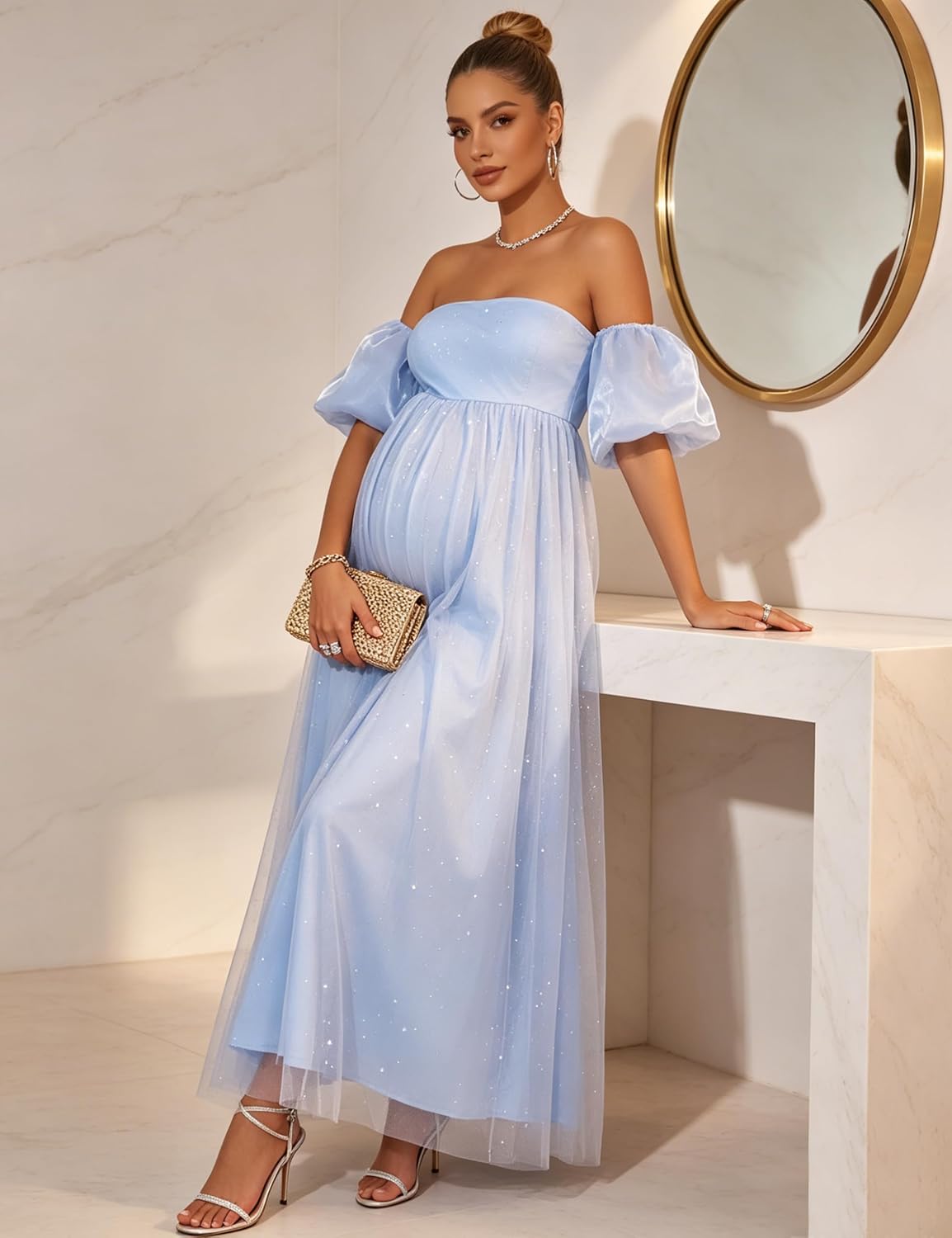Light Blue Sparkly Tulle Maternity Maxi Dress Off Shoulder Puff Sleeve Baby Shower Formal Gown