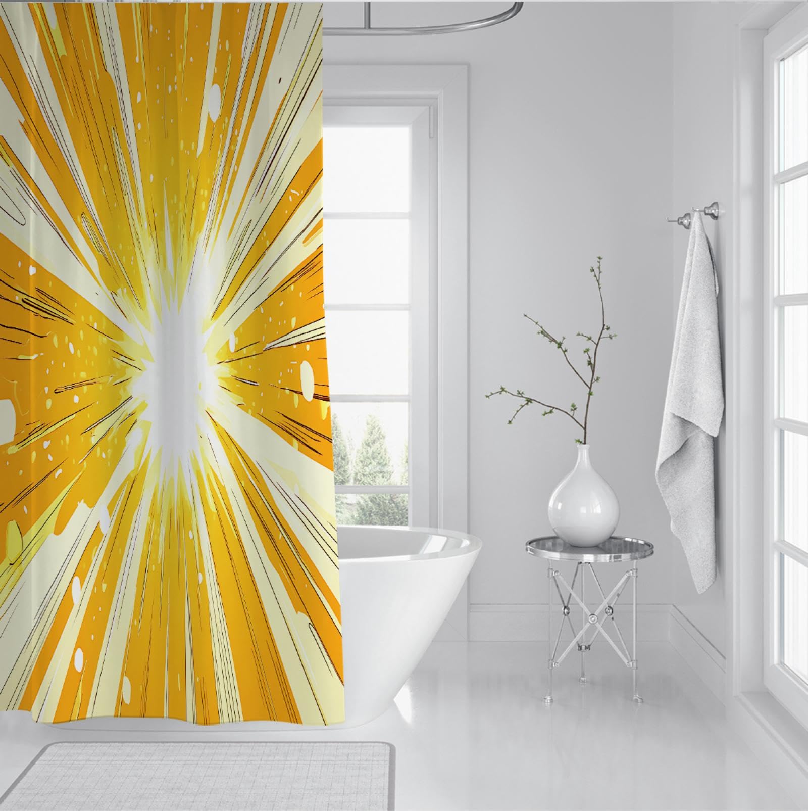 Rideau Douche d’été Lumineux Soleil Rideaux Salle Bain Ensemble avec Crochets en Forme C Décor Salle d’Eau Tissu Polyester imperméable Jaune 200 x 240 cm