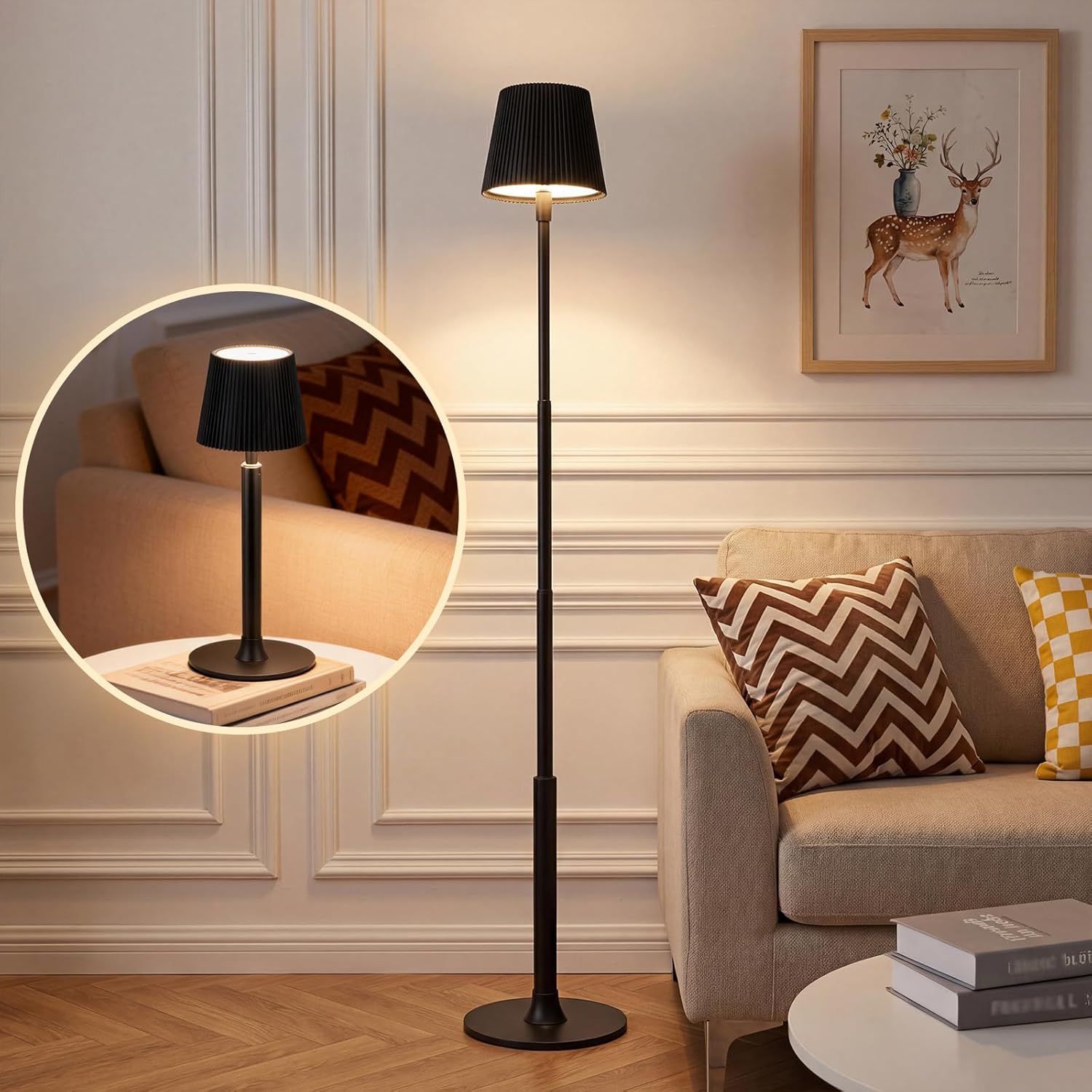Modern LED Floor Lamp for Living Room, Tall Standing Lamp for Corner, Reading, Cordless, Rechargeable, Dimmable, Height Adjustable for Table, Desk, Outdoor, Patio, Bedroom, Black