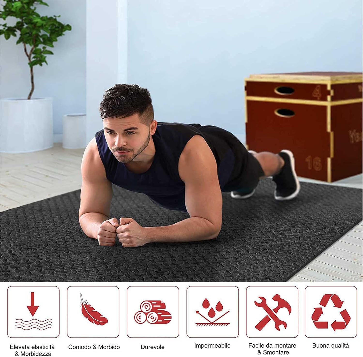 Treadmill Floor Mat - 8 Interlocking Foam Tiles, Fitness Equipment Protector, Yoga & Exercise Mat for Treadmills, Cycles, Rowers, Cross Trainers, 24"x24", Black