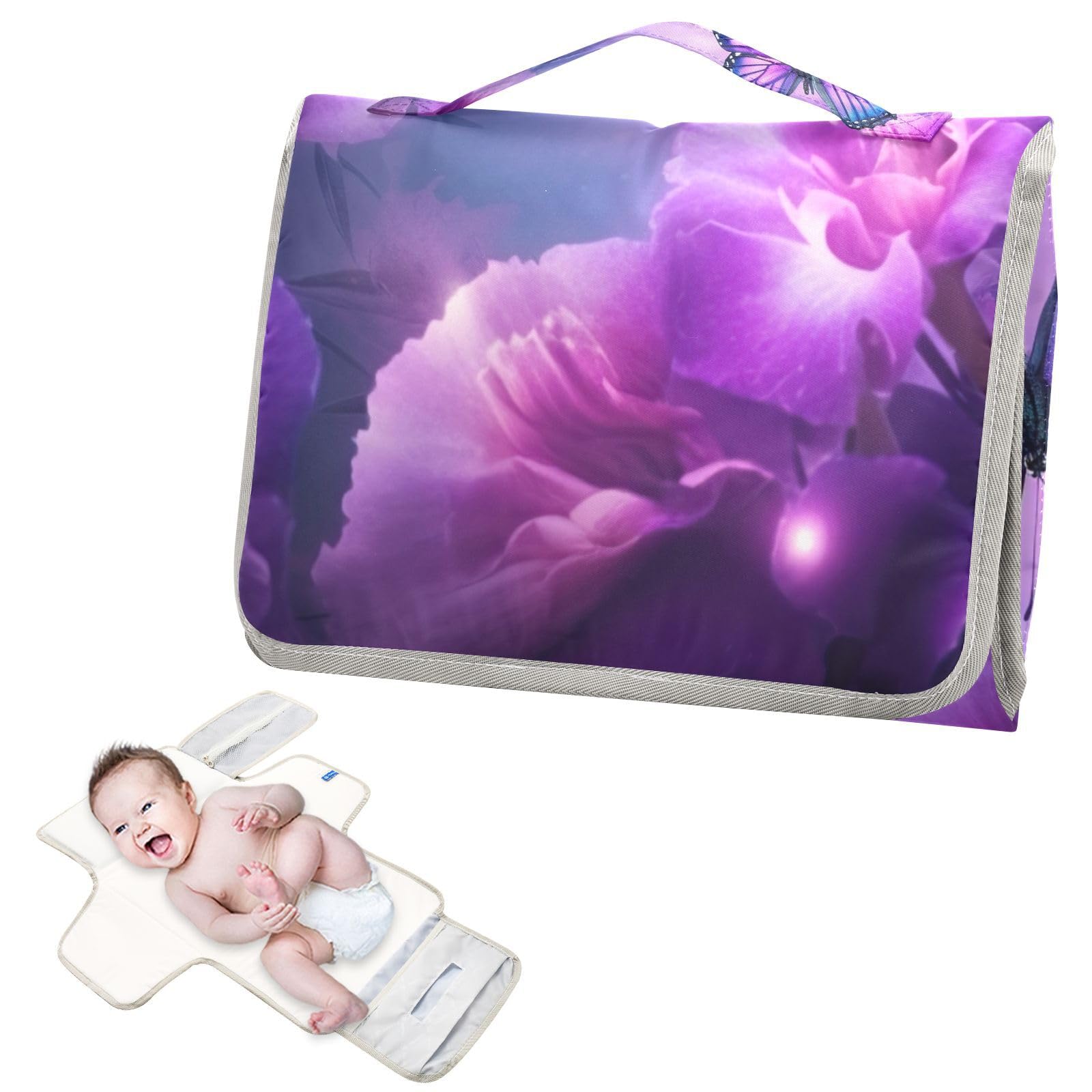 Portable Changing Pad for Baby - Purple Butterfly Waterproof Diaper Changing Mat Travel Changing Pad with Built-in Pillow - Shower Gift for Baby