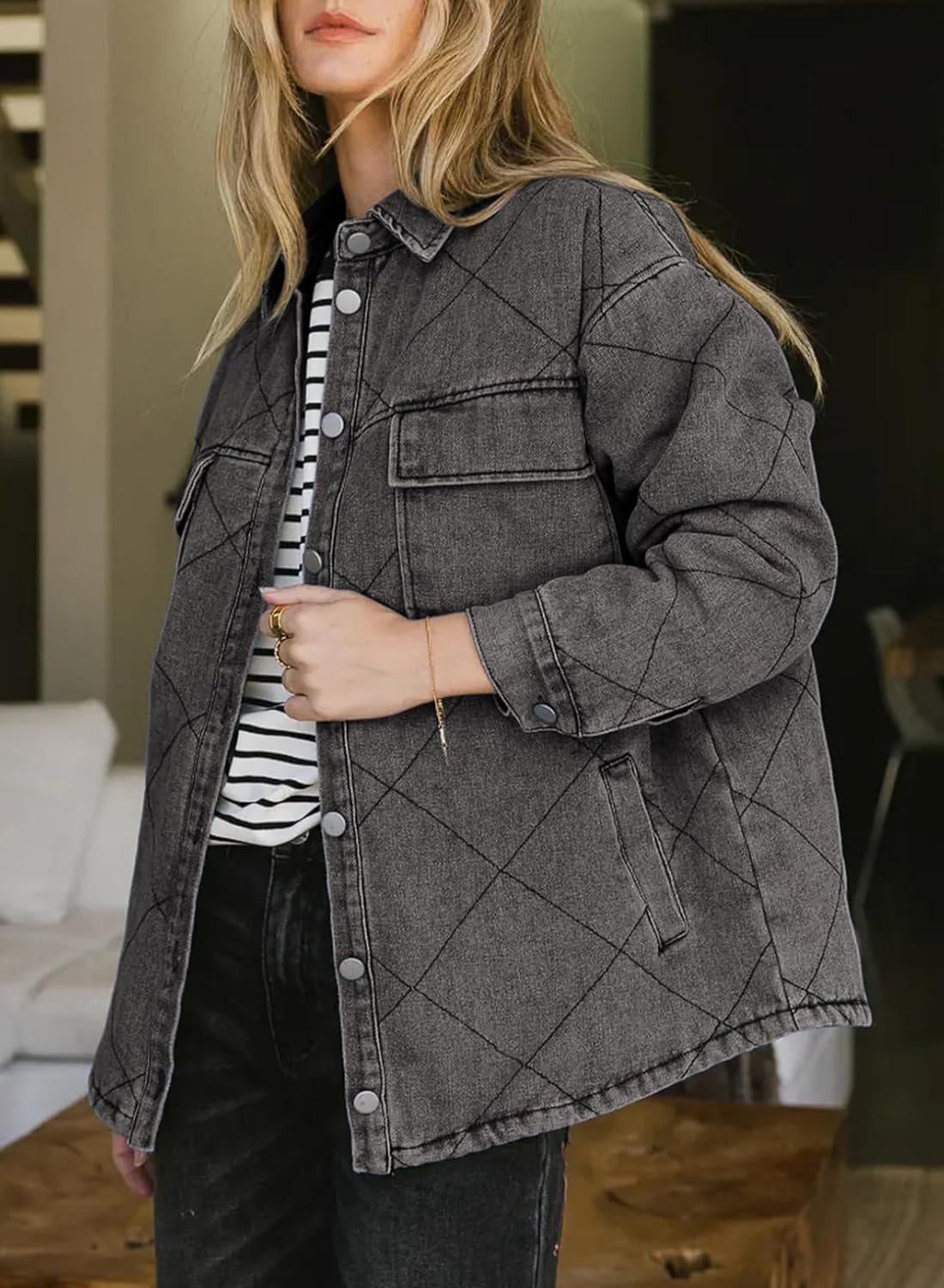 Dokotoo Denim Jacket for Women Fashion Solid Oversized Long Sleeve Button Down Shacket Jacket Coat with Pockets - Image 2