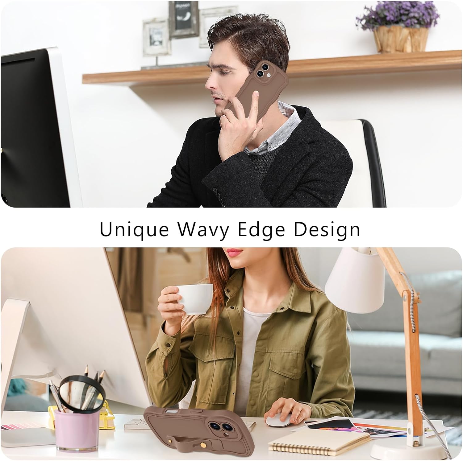 GUAGUA for iPhone 17 Case with Wrist Strap, Wavy Edge Phone Case Cute Curly Shape with Adjustable Wristband Kickstand Shockproof Anti Slip Phone Case for iPhone 17 6.3'', Brown - Image 8