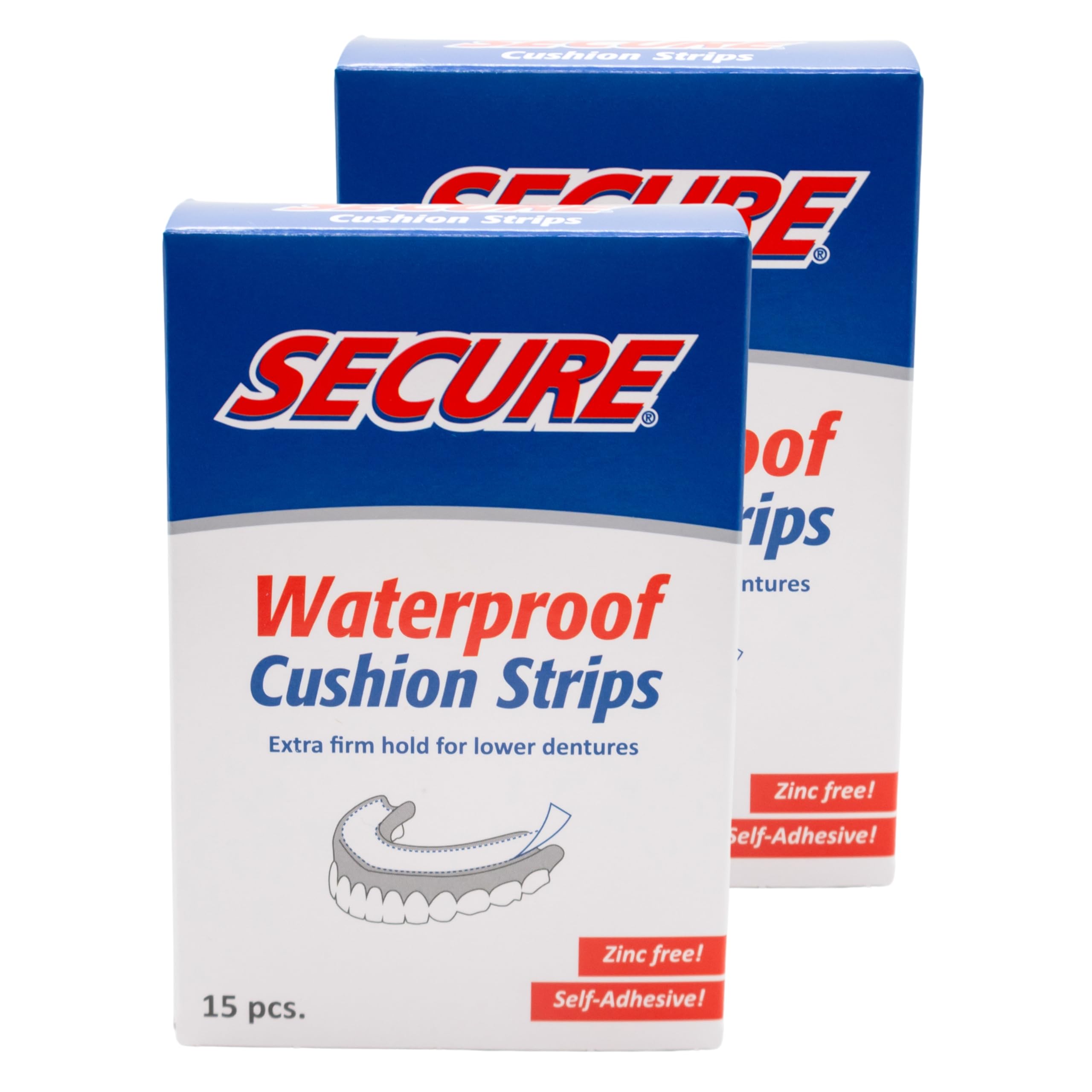 Secure Comfort Strips Waterproof Denture Adhesive - Zinc Free - Extra Firm Hold For Lower Dentures - 15 Count (Pack of 2)