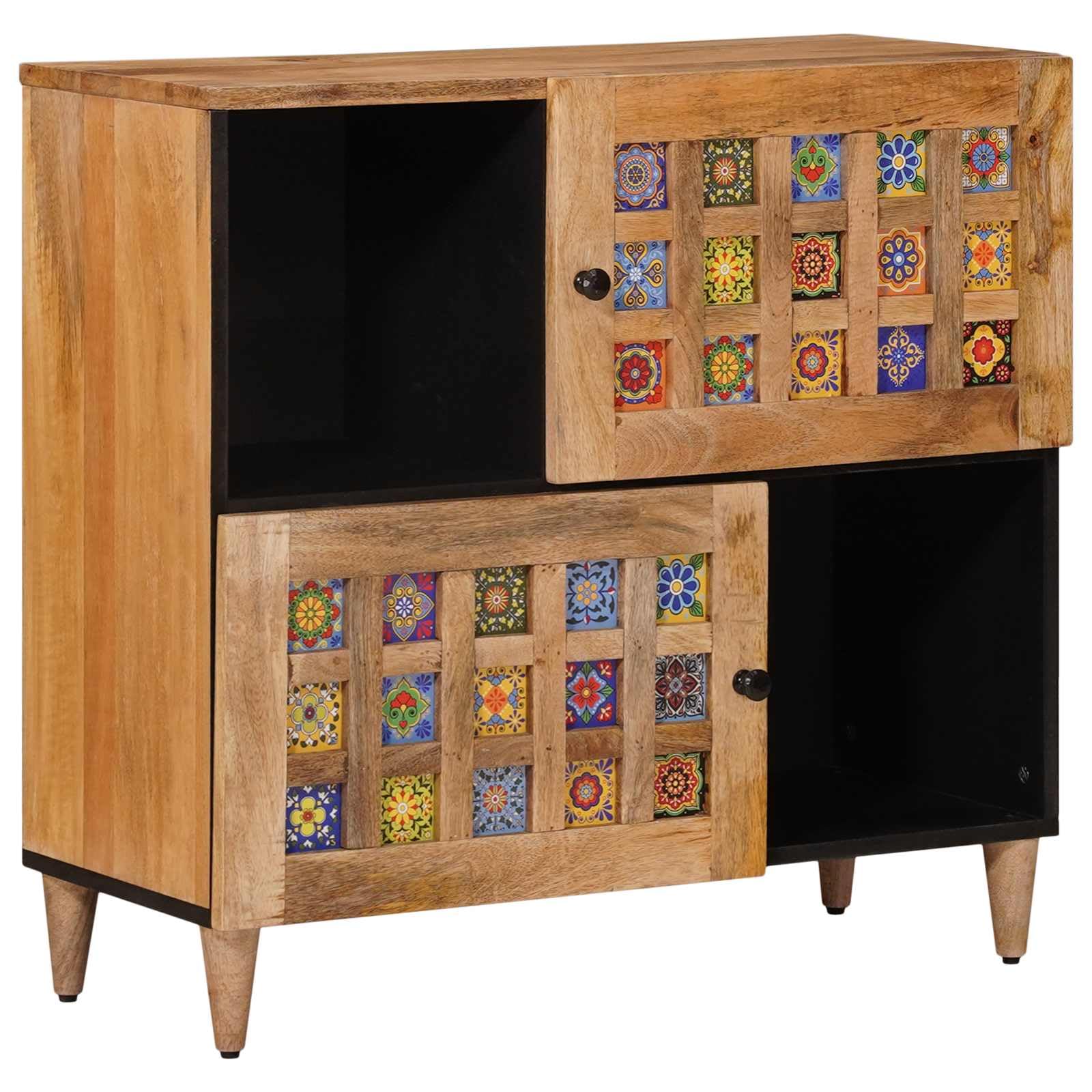 Kredens z litego drewna mango w kolorze naturalnym, 80 x 33 x 75 cm, z miejscem do przechowywania i 2 zawiasami do salonu, jadalni, konsoli multimedialnej, do przechowywania i stojaka HiFi