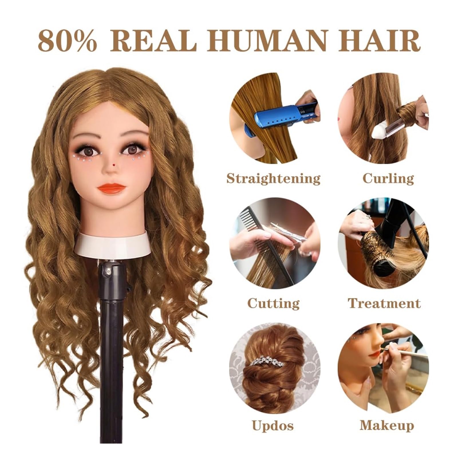 Frisierkopf mit 60 cm langem glattem Haar - 80% Echthaar-Mischung zum Schminken und Stylen (Set2)