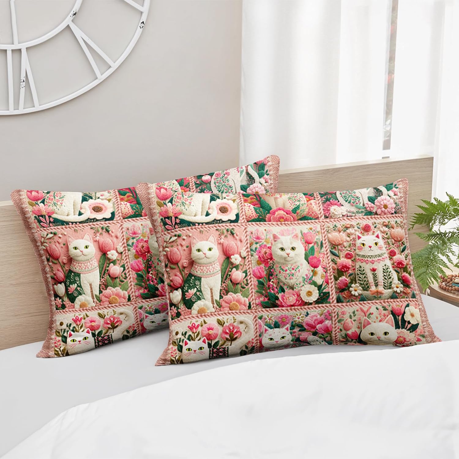 AILONEN Pink Cat Comforter for Girls - Floral Cat Kitten Bedding Set Queen Size with 2 Pillowcases - 3Pcs Flower Bedding for Room Decor All Season