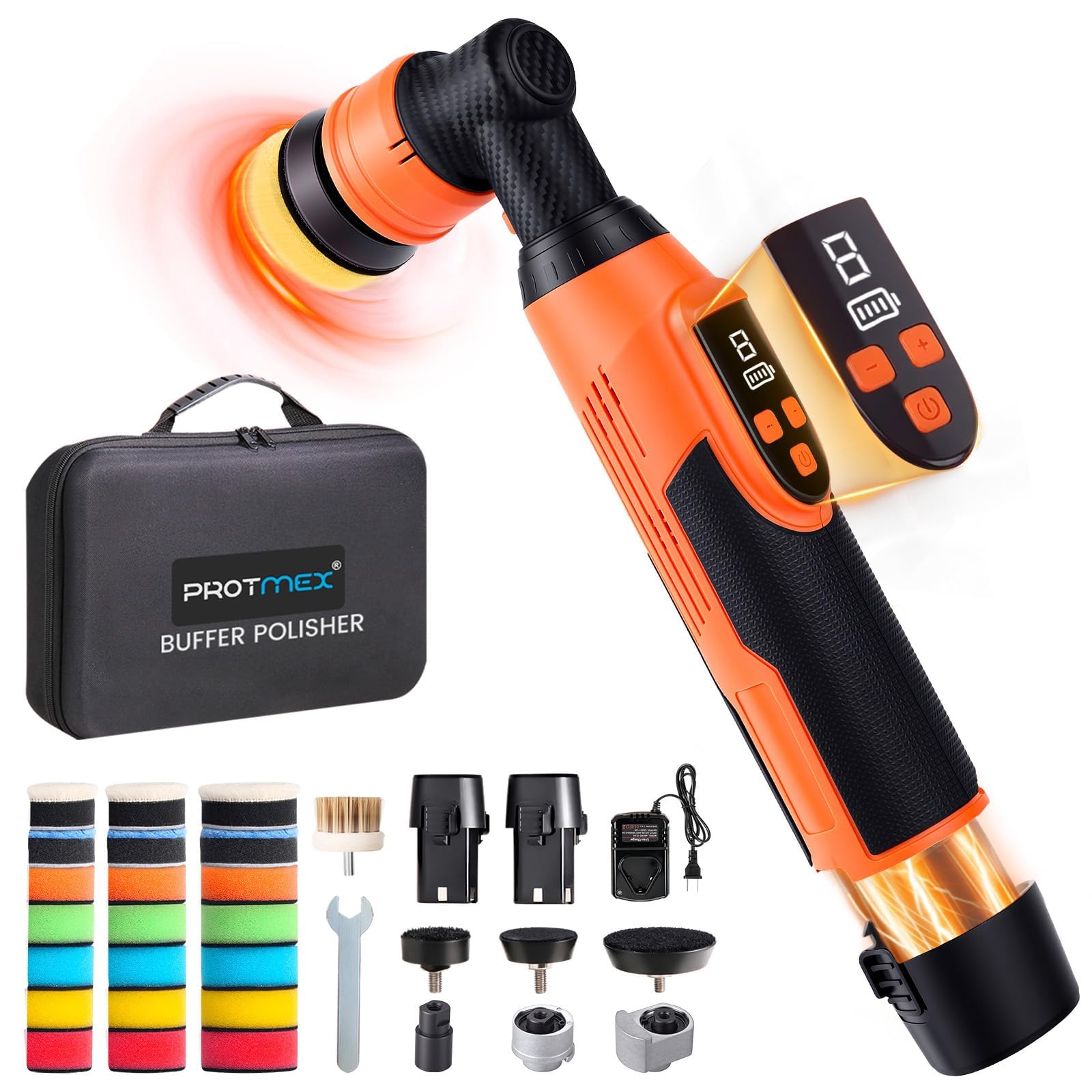 Protmex Mini pulidora para coche, batería giratoria y orbital, 12 V | 1,2/1,6/2 pulgadas, 8 velocidades, 2500-6000 rpm, batería de 12 V 2,0 Ah para detalles de coche
