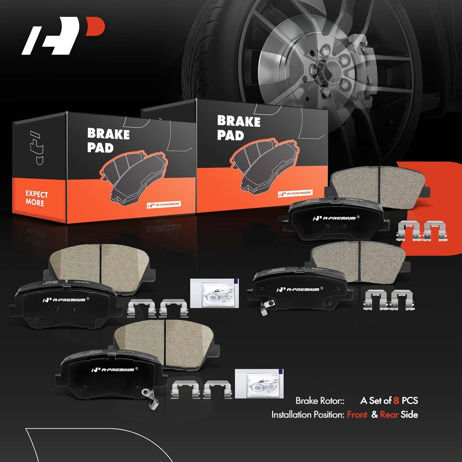 A-Premium Front and Rear Ceramic Brake Pads 8-Pack Set Compatible with Hyundai and Kia Models - Santa Fe 2010-2012, Sorento 2011-2014, with Hardware