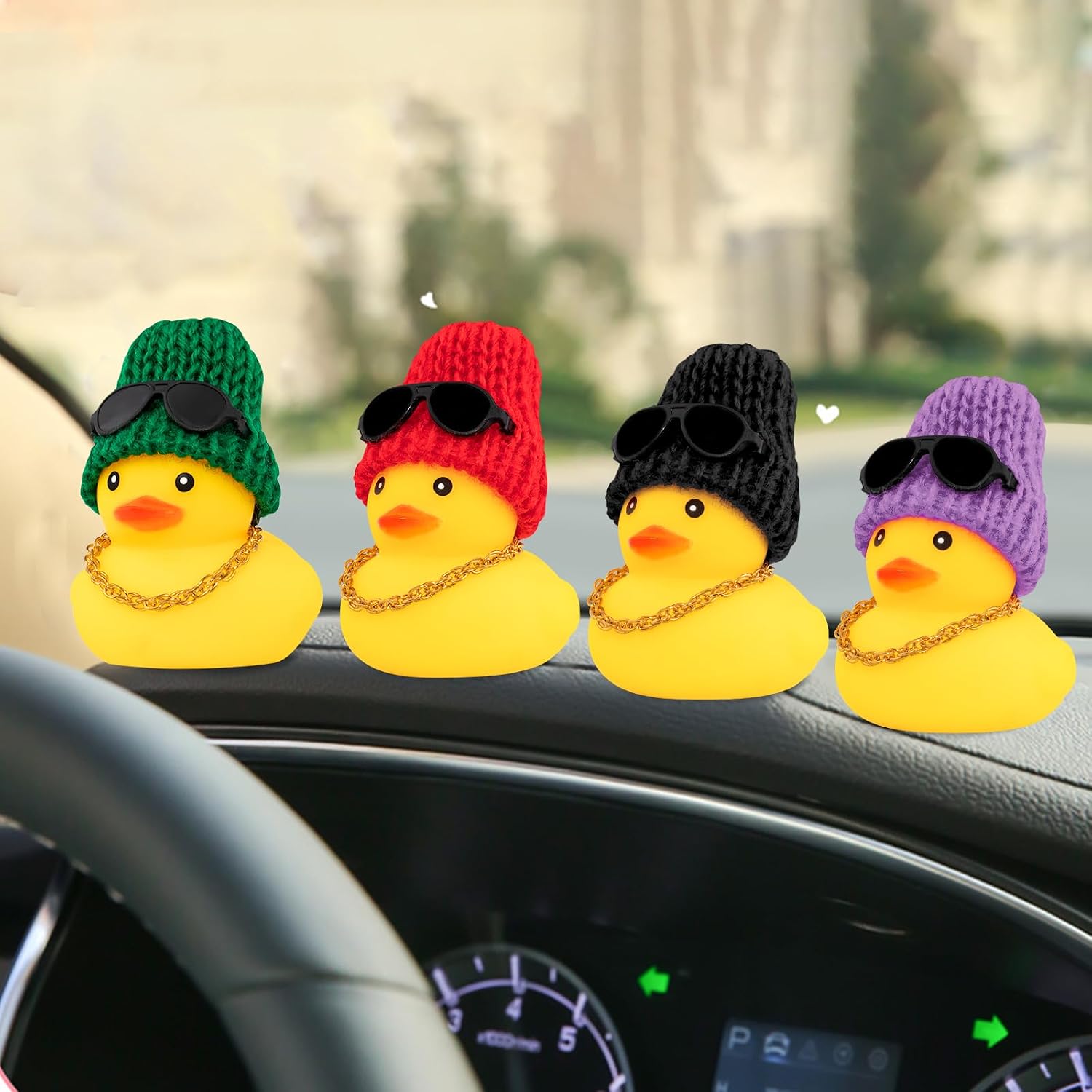 wonuu Swim Ring Rubber Ducks with Crown/Knitted Hat Sunglasses Pearl/Necklace for Cars Dashboard Decorations Car Accessories Duck Car Ornament, Queen+Green