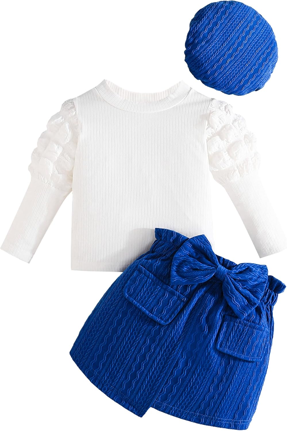 Happy Cherry Toddler Girl Skirt Set 3Pcs Outfits Puff Sleeve Knit Tops Flared Mini Skirts with Bowknot Kids Cute Clothes