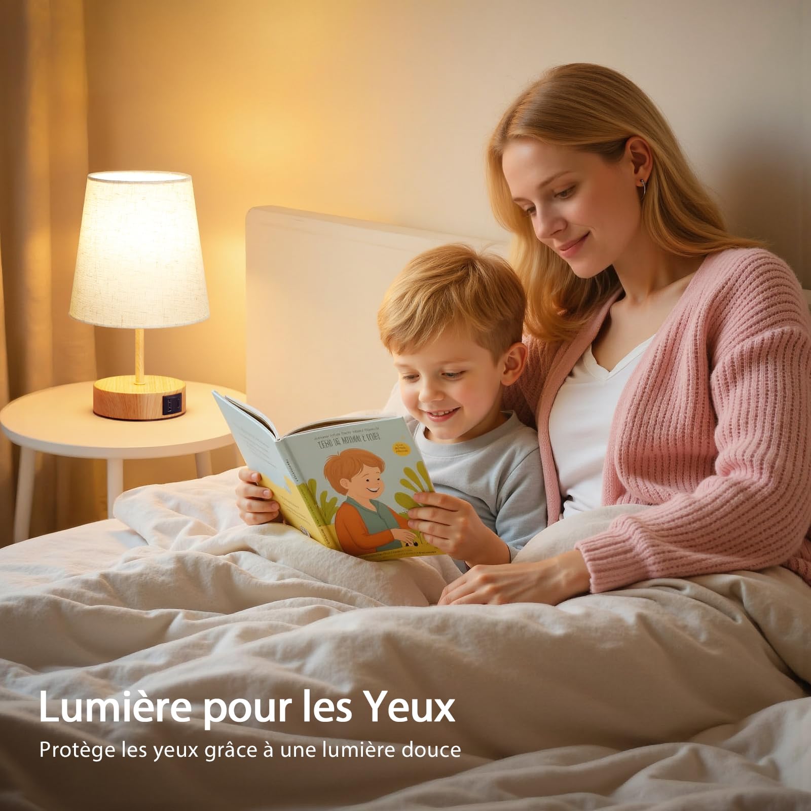 Lampe de Chevet Tactile avec Ports de Charge USB-C+A, Intensité Variable à 3 Voies, Abat-jour en Lin, Petite Lampe de Table pour Chambre Salon D'enfant Bureau(Ampoule Incluse)