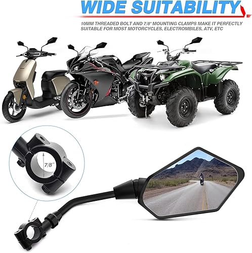 Miniatura 6 de Espejos de motocicleta para ATV, montaje de manillar de 7/8 pulgadas, perno roscado de 0.315 pulgadas, 0.394 pulgadas, compatible con motocicletas,