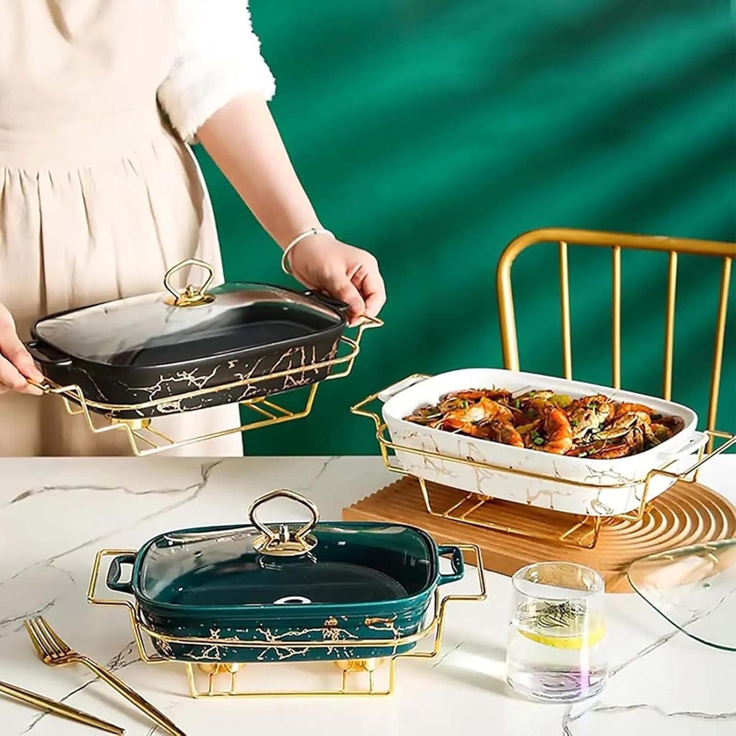 Chafing Dish Buffet Set, Chaffing Dishes Ceramics, Chafer and Buffet Warmer Set with Glass Viewing Lid and Fuel Holder, Rectangle Food Warmers for Parties Buffets Wedding,