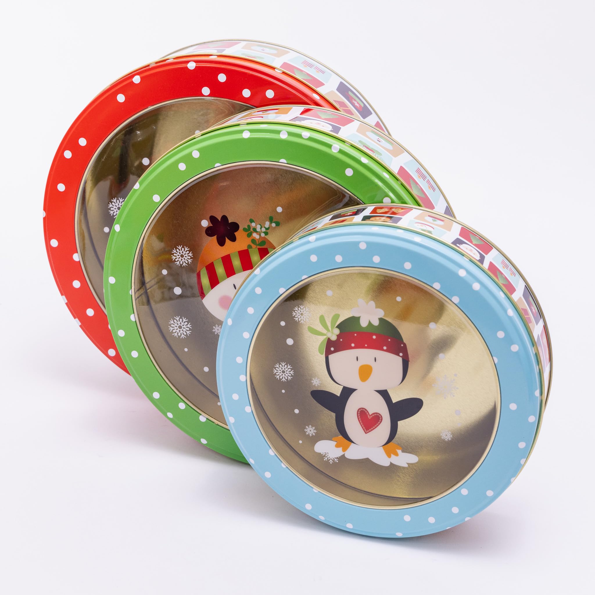 Evelay Snowman 3 Christmas Tin Box Empty Storage For Treats Cookies Biscuit Cake Round Tins Container Canisters With Cute Santa Penguin Design