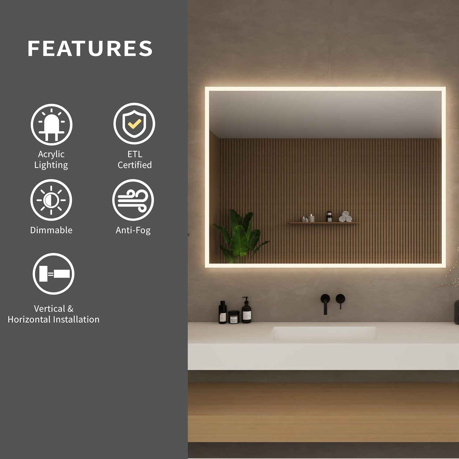 Wyndham Collection Hilton 48 in. W x 36 in. H Frameless LED Perimeter Lighted Bathroom Vanity Mirror with Dimmer and Defogger