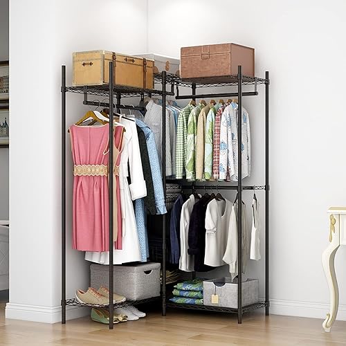 Miniatura 9 de Xiofio Perchero resistente de 6 niveles estante de ropa de metal organizador de almacenamiento de ropa perchero de ropa con cesta perchero ajustable