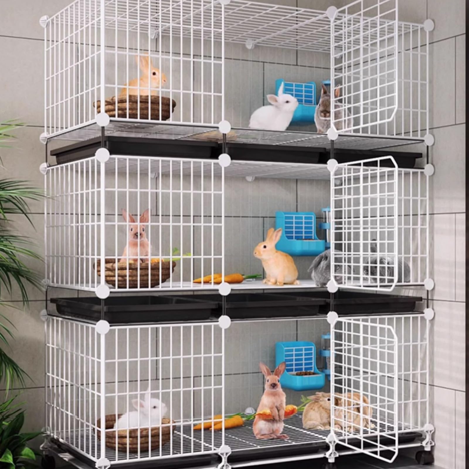 Jaula Conejo Grande Interior con Ruedas, Espacio Independiente de Varios Niveles, Estructura Metálica, con Bandeja, para Animalitos(Black,107 * 37 * 90cm)