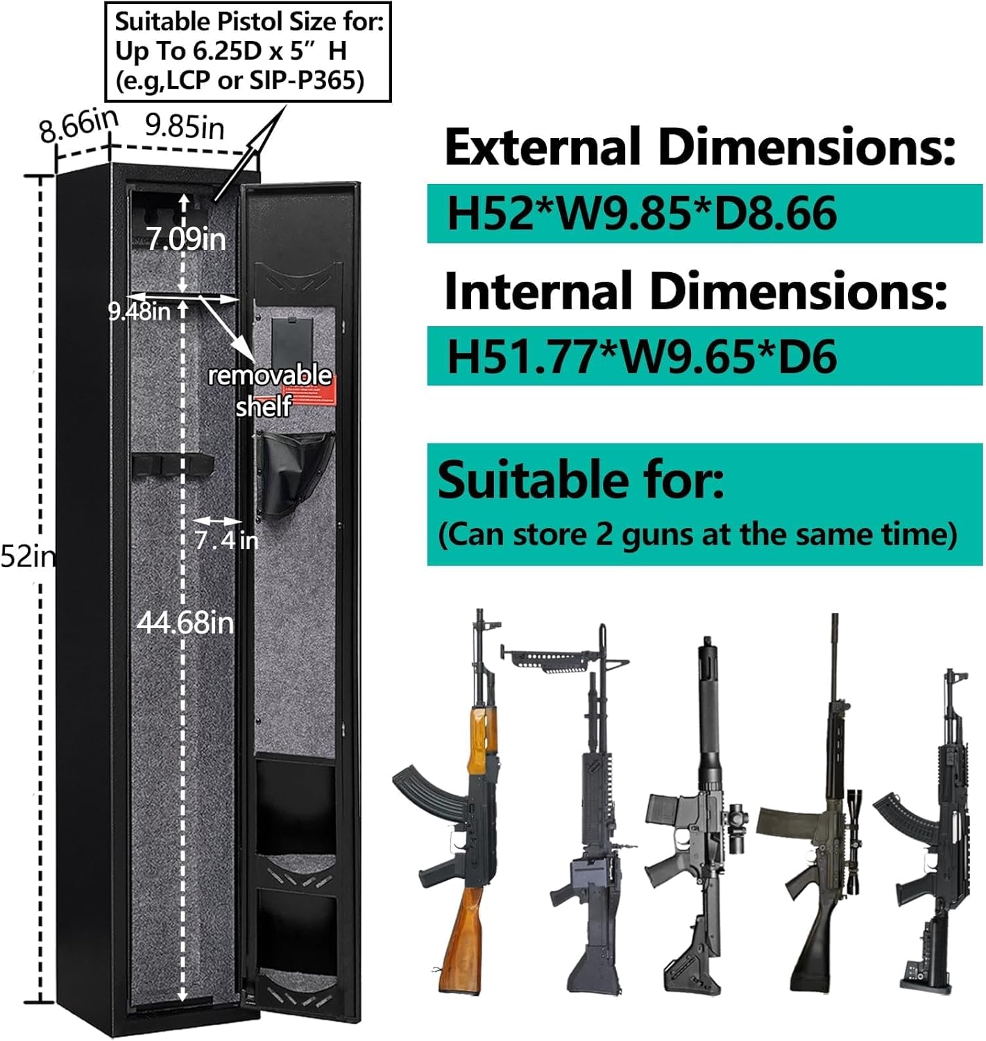 Diagram showing external and internal dimensions of the KAER 2-3 Gun Safe, along with examples of firearms it can store.