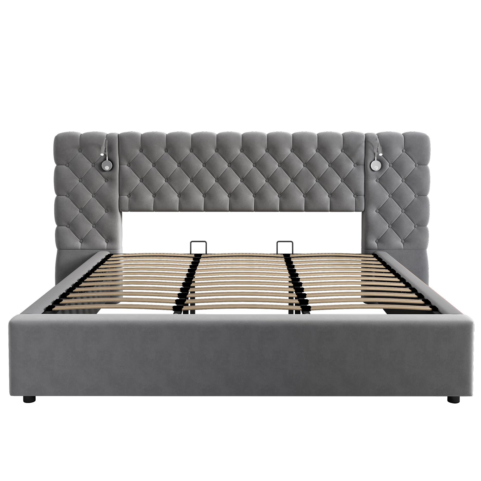 Cama Tapizada 180x200, Cama Doble con LED iluminación y Espacio de Almacenamiento, Hidráulica Modern Cama Matrimonio Juvenil con Cabecero Ancho y Suave y Somier, Gris, Terciopelo, Sin Colchón