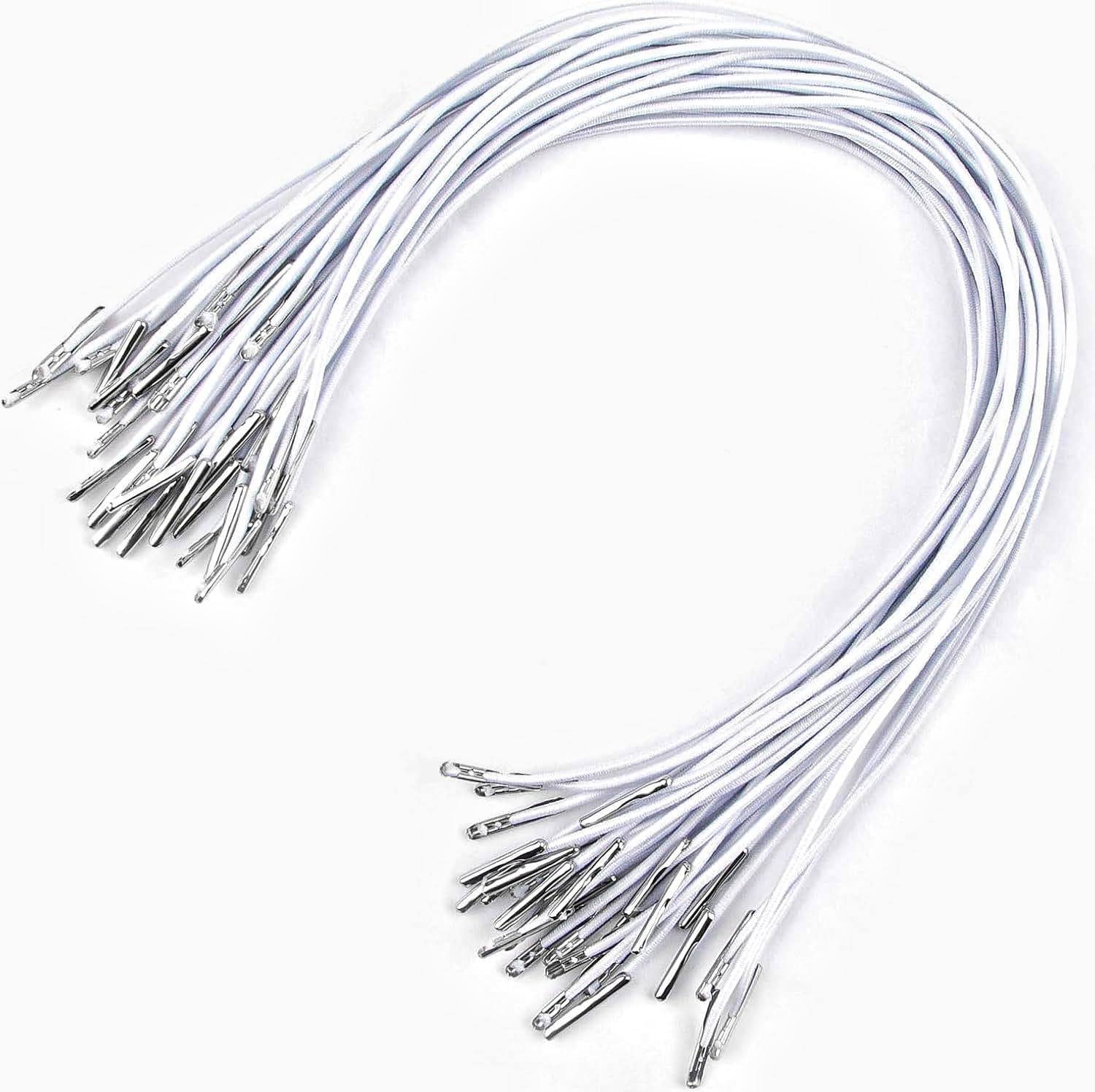 30pcs Elastic Cords with Metal Ends, 11.8 Inch Soft Stretch Band Mask Lanyard Round Rope Extender Strap Craft String Loop for DIY Craft, Book Binding, Party Hats, Menu Hanging, and More - White