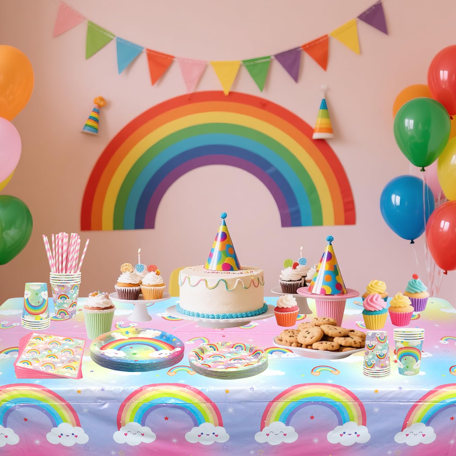 Confetti Arcobaleno per Festa - Set di Decorazioni per Compleanno con Piatti, Tazze, Tovaglioli, Tovaglia, Cannucce - Serve per 20