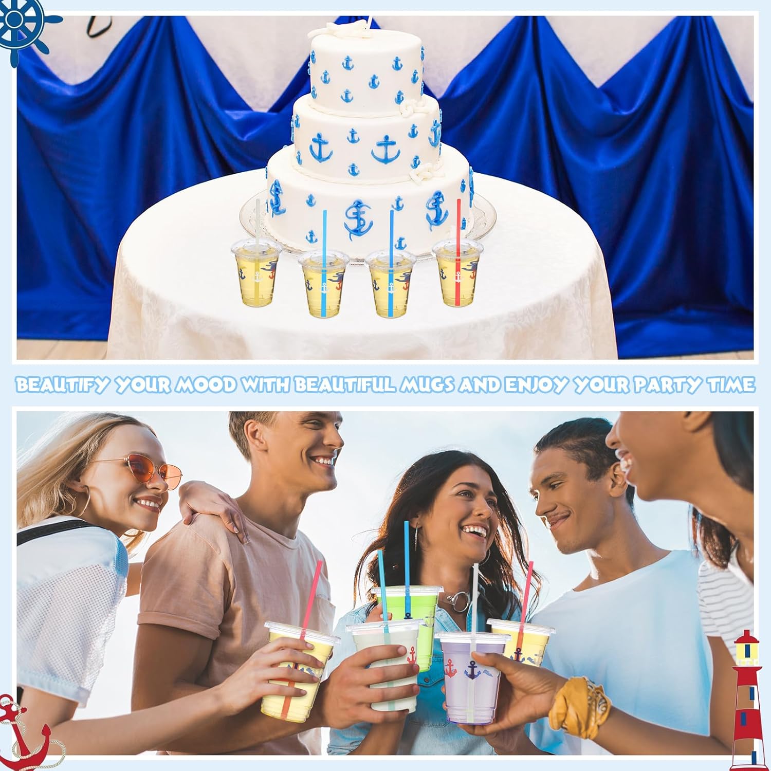 100 Sets 12 oz Nautical Disposable Plastic Cups with Lids and Straws, Blue Anchor Theme Party Cups Beverage Drinking Cups for Ocean Theme Birthday Summer Party Supplies